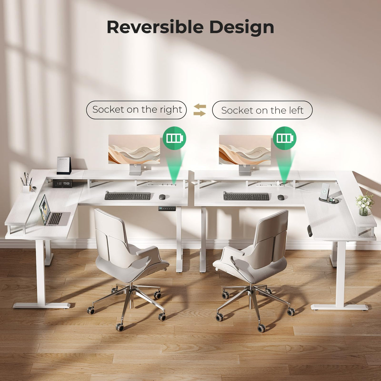 AODK Electric L Shaped Standing Desk, 59 Inch Height Adjustable Stand Up Desk with Power Outlets & Full Monitor Stand, Reversible Corner Desk for Home Office & Computer Workstation, White AODK