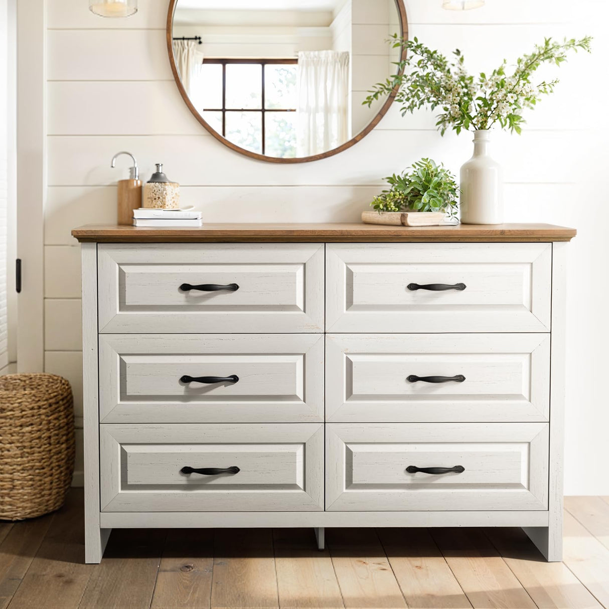 Amada Farmhouse 6 Drawer Dresser for Bedroom, 47.2 Inch Wide Wood Dresser with Natural Texture, Large Drawers, Rustic Farmhouse Chest of Drawers for Bedroom, Living Room, Hallway, Brown & White AMADA HOMEFURNISHING