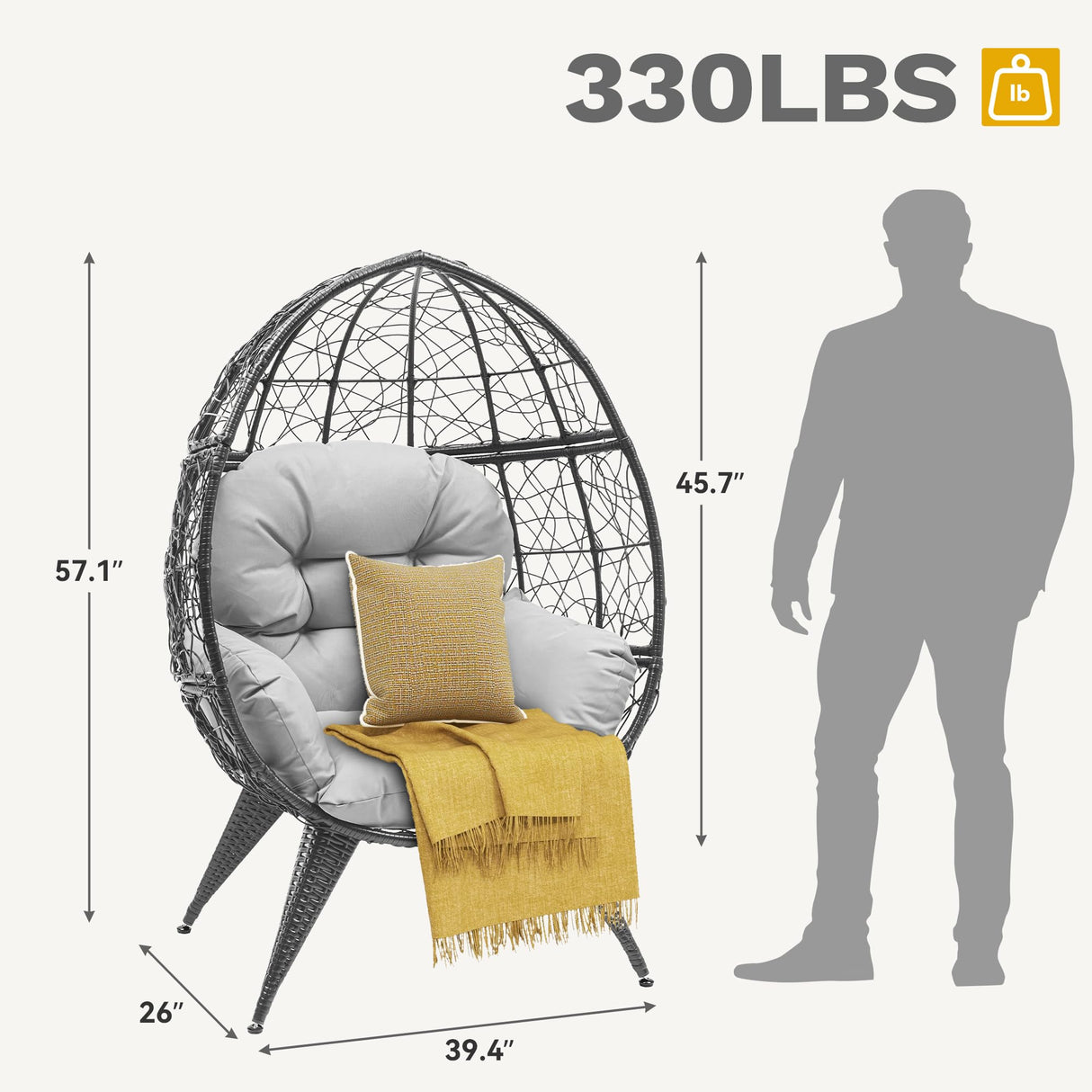DWVO Egg Chair Patio Rattan Chair with Stand Anti-Slip All-Weather Poratble Adjustable Chair Feet Wicker Egg Lounger Chair for Indoor Outdoor 330LBS (Grey) DWVO