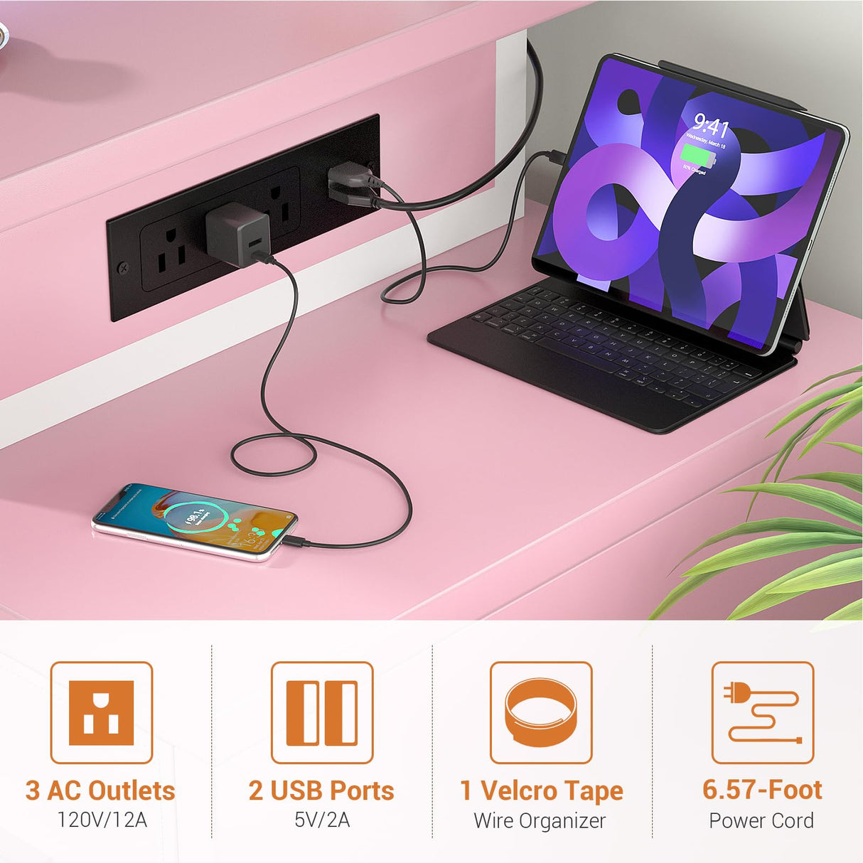 Computer Desk with 2 Fabric Drawers - Reversible Home Office Desk with Power Outlet & LED Lights, 53" Writing Desk with Monitor Stand & Storage Shelves, Gaming Desk Study Table with Pegboard, Pink armocity