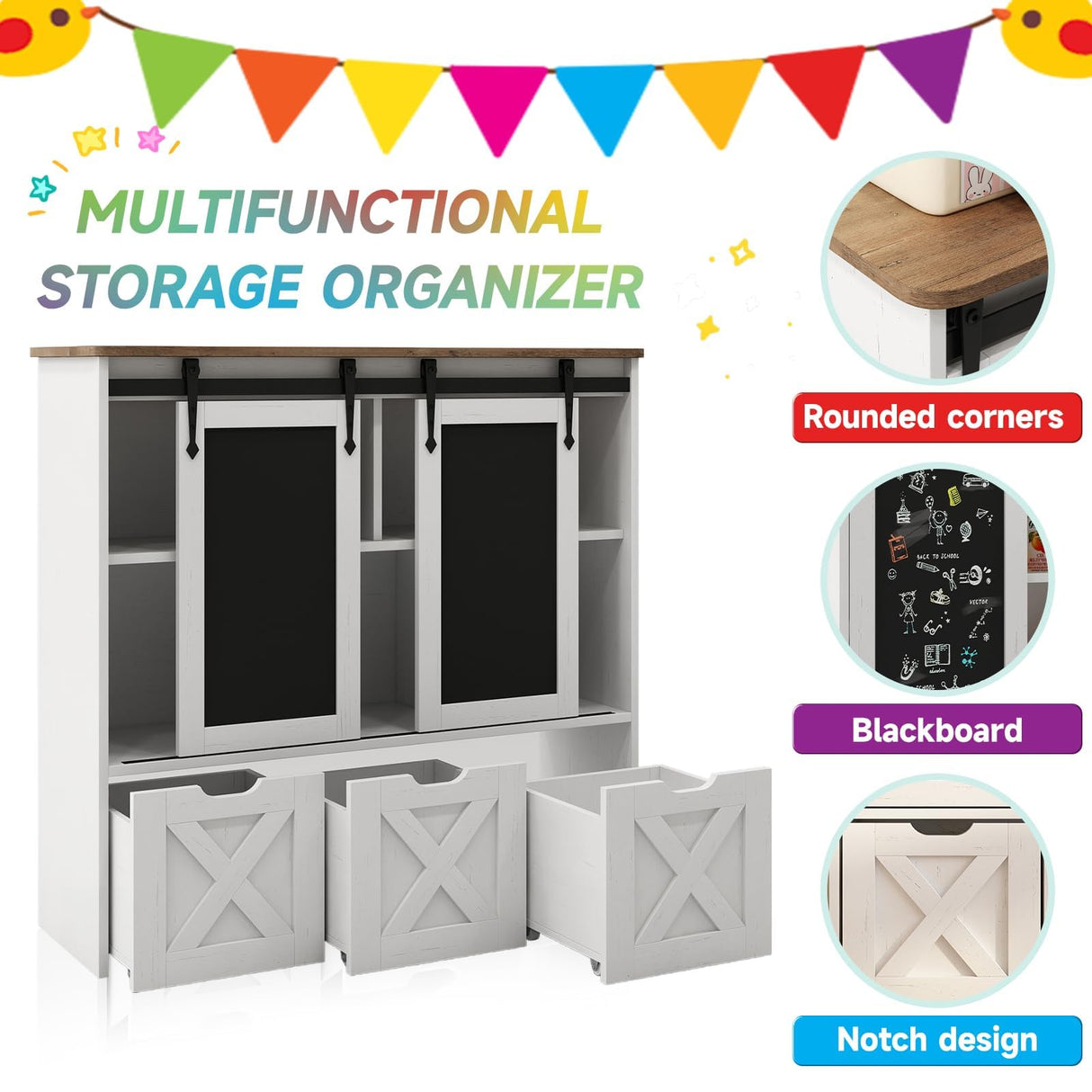 Vabches Toy Storage Organizer with Sliding Blackboard, Kids Bookshelf and Bookcase with 3 Movable Drawers & 5 Storage Cubbies, Multifunctional Storage Cabinet Toy Chest for Playroom,Nursery, Kids Room Vabches