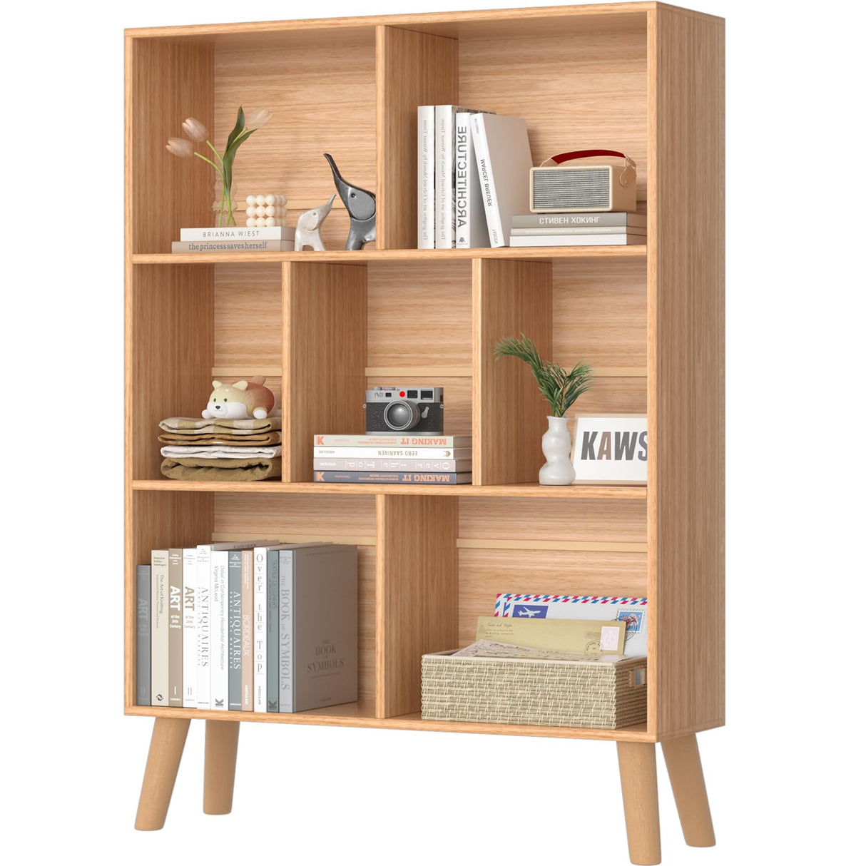 LEYAOYAO 7 Cube Bookshelf, 3 Tier Modern Bookcase with Legs, Mid-Century Modern Wood Book Shelves Storage, Boho Natural Book Case, Freestanding Organizer Display Shelf for Bedroom,Living Room,Office LEYAOYAO