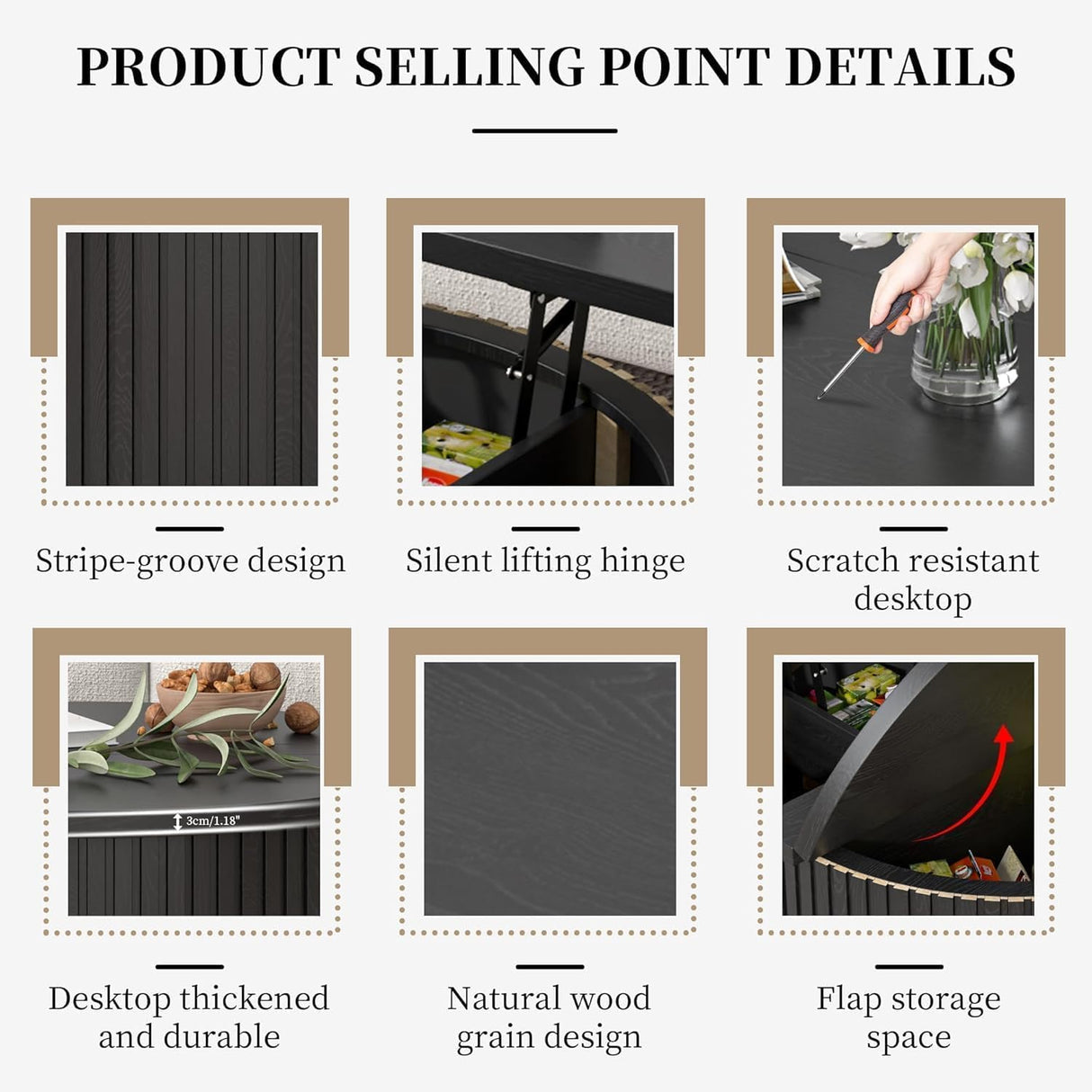 Fsbecl Round Fluted Lift Top Coffee Table with Storage, 34.6'' Farmhouse Round Coffee Tables for Living Room, Circle Wood Accent Center Table for Home, Office (Black) Fsbecl