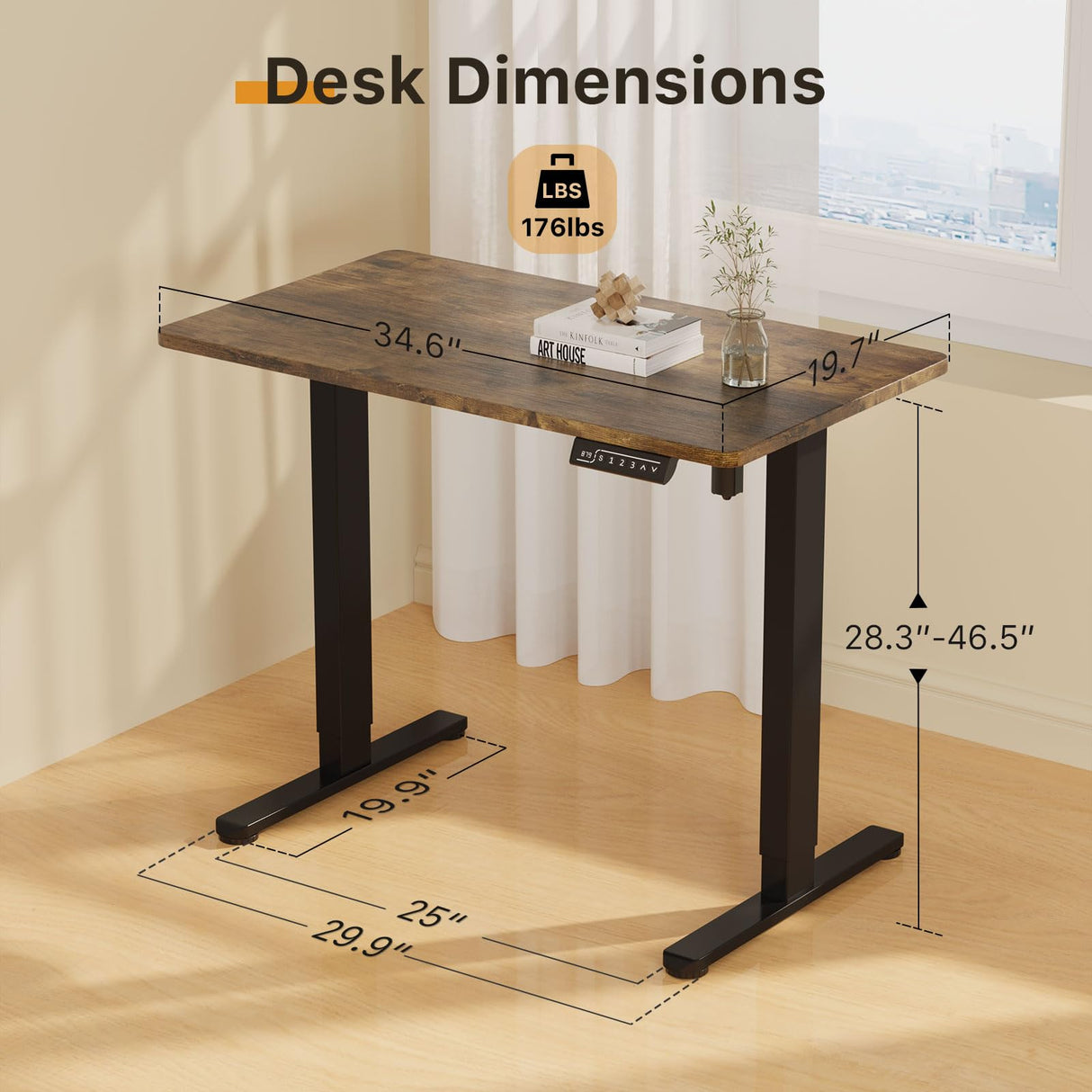 JOY worker Small Electric Standing Desk, 35" x 20" Whole Piece Height Adjustable Desk with Memory Controller, Grey Sit to Stand Desk Workstation for Home Office, Rustic JOY worker