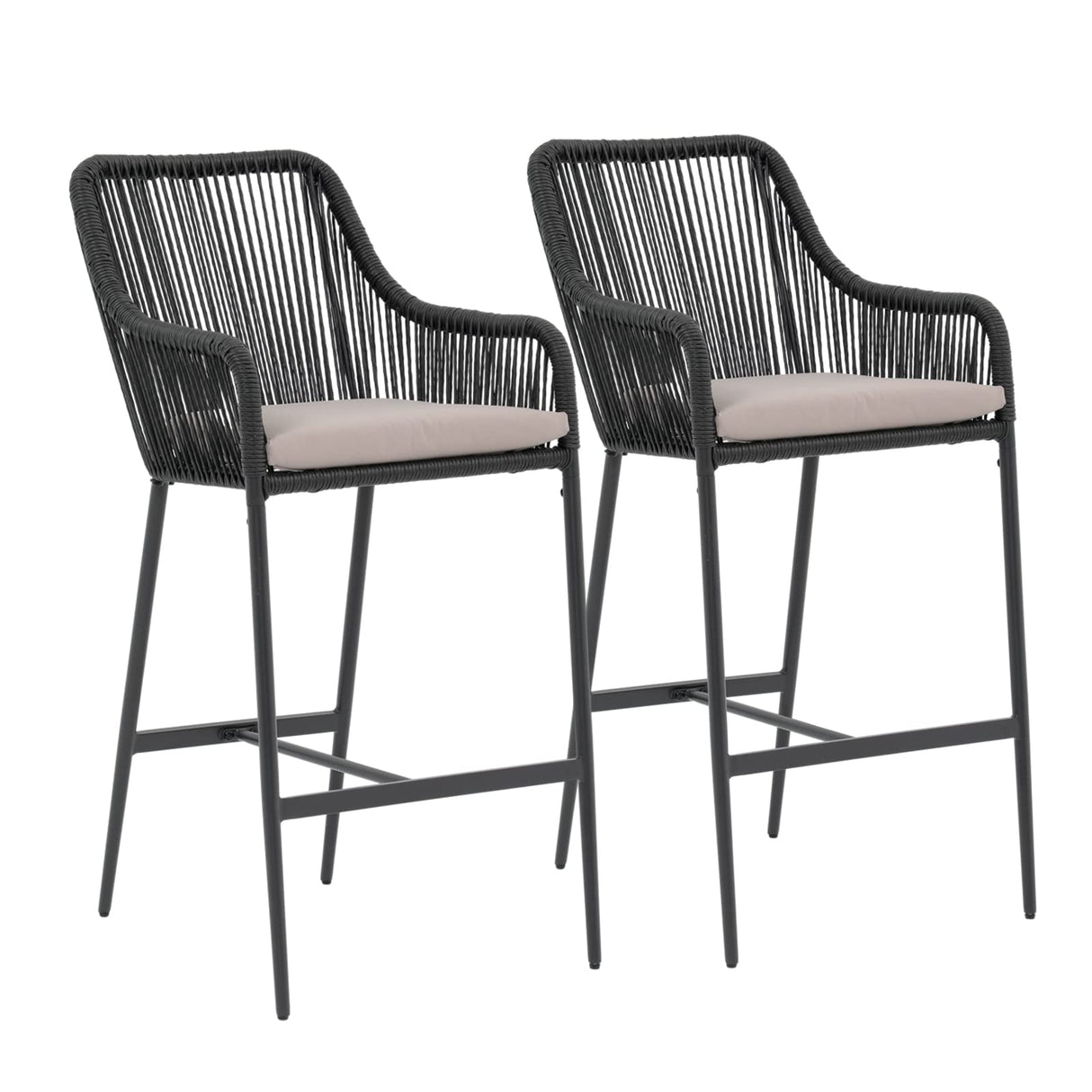 JOIVI Wicker Bar Stools Set of 2, Patio Outdoor Rattan Rope Bar Height Chairs with Cushions, Armrest and Footrest for Indoor, Garden, Poolside, Lawn, Backyard, Black JOIVI