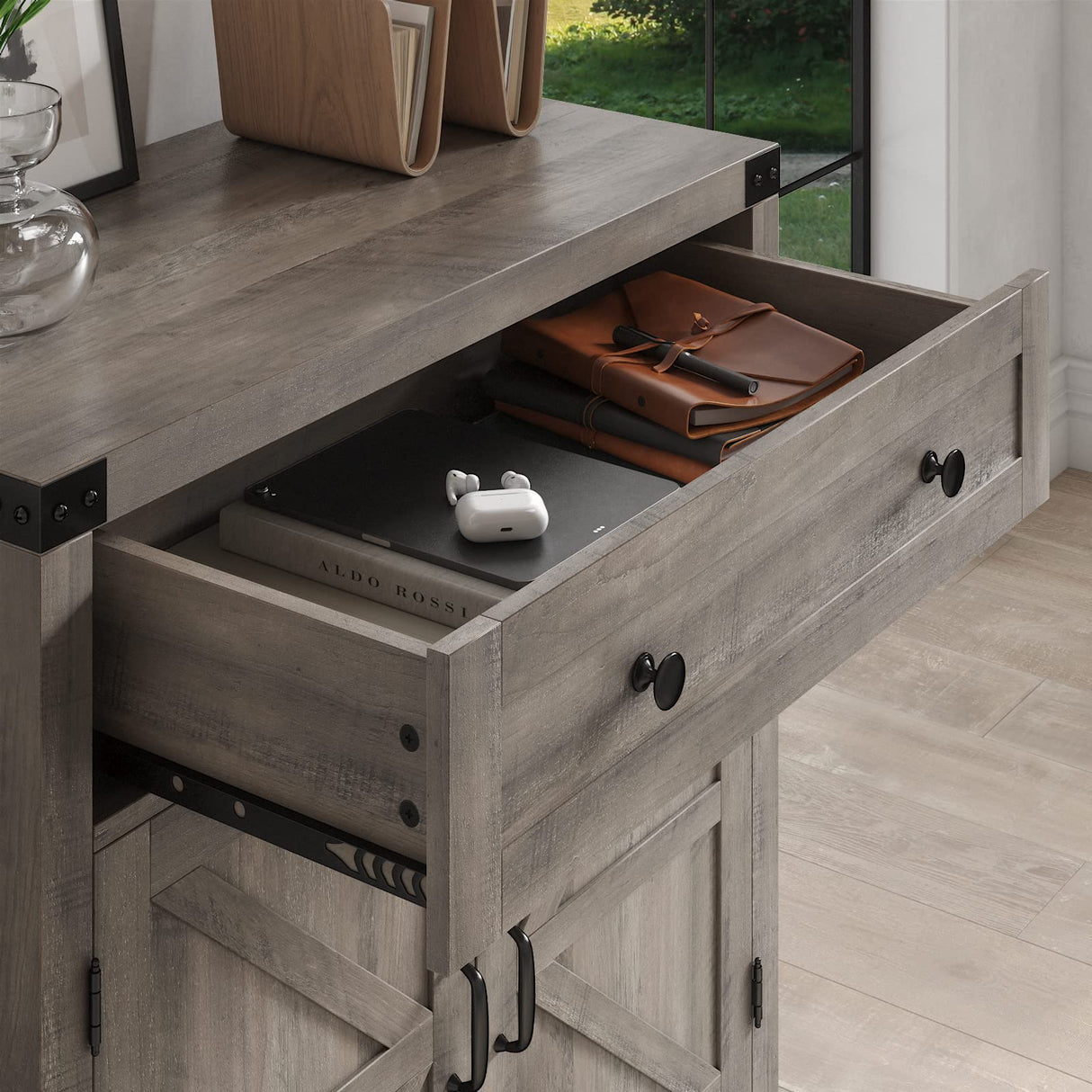 HOSTACK Coffee Bar Cabinet, Modern Farmhouse Buffet Sideboard with Drawer and Adjustable Shelf, Barn Door Storage Cabinet for Kitchen, Dining Room, Bathroom, Entryway, Ash Grey HOSTACK