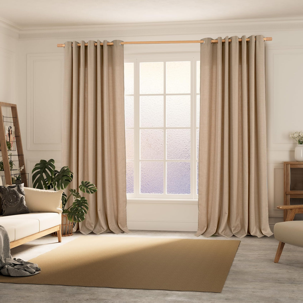 BGment Tan Curtains 84 Inch for Living Room - Light Filtering Faux Linen Look with Burlap Texture, Rustic Farmhouse Window Panels (Set of 2, 52" Wide) BGment