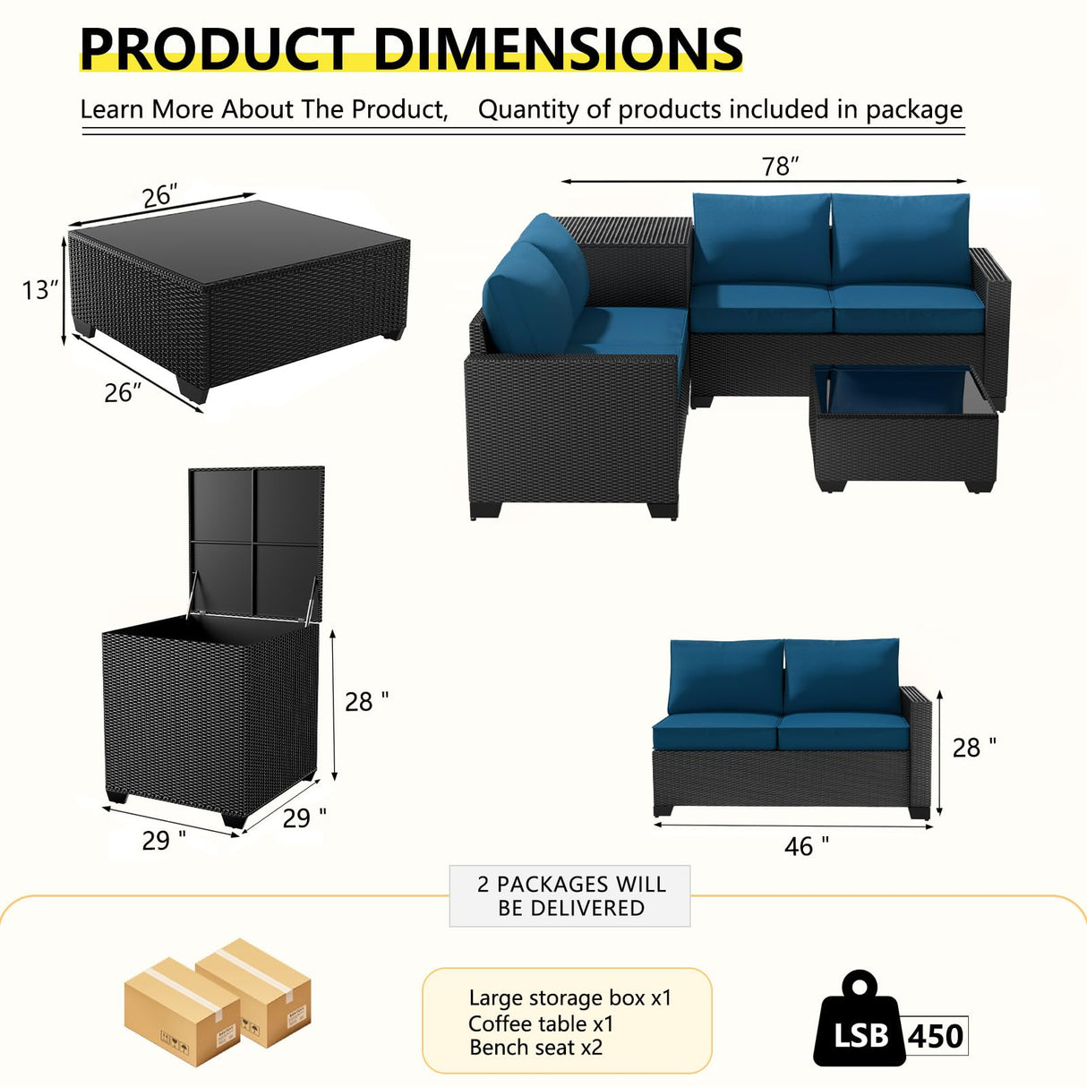 opemtdo Premium Outdoor Patio Furniture Set with Storage, L Shaped Outdoor Couch with Thick Cushions, 4 Seat Balcony Furniture Set with Tea Table opemtdo
