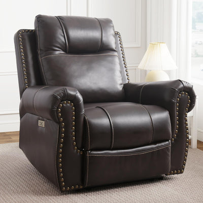 ANJ Electric Power Recliner Chair with USB Ports, Breathable Faux Leather Oversized Recliner with Comfortable Arms, Back and Headrest, Single Sofa for Living Room, Dark Brown