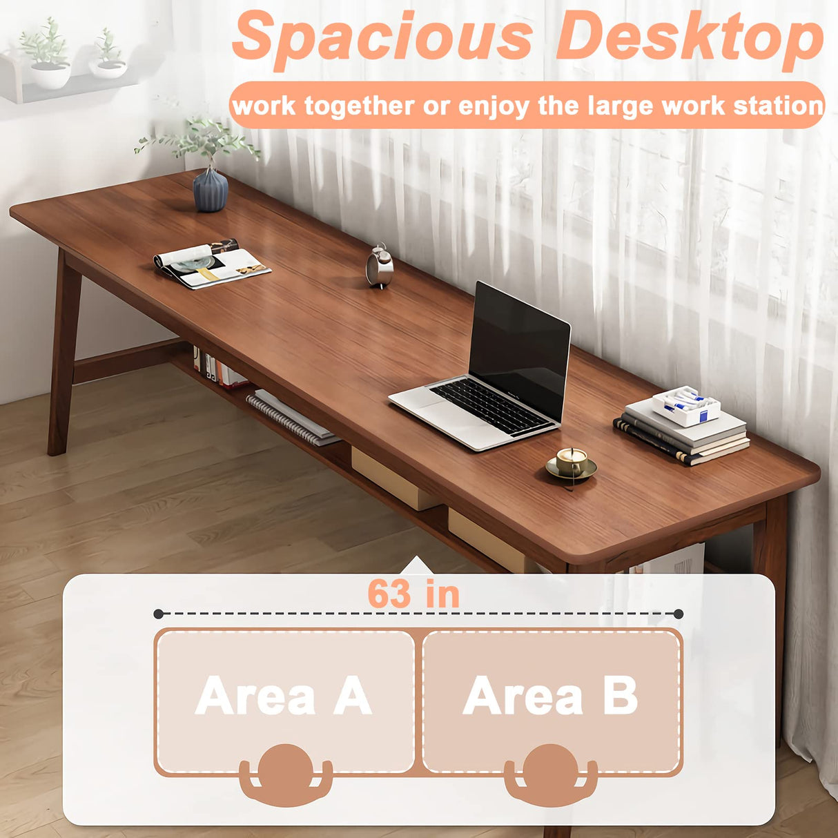 Ytaoka 63" Solid Wood Desk Mid Century Modern Desk, Wide Wooden Desk Home Office Computer Desk, Simple Walnut Wood Desk Solid Wood Writing Desk Study Ytaoka