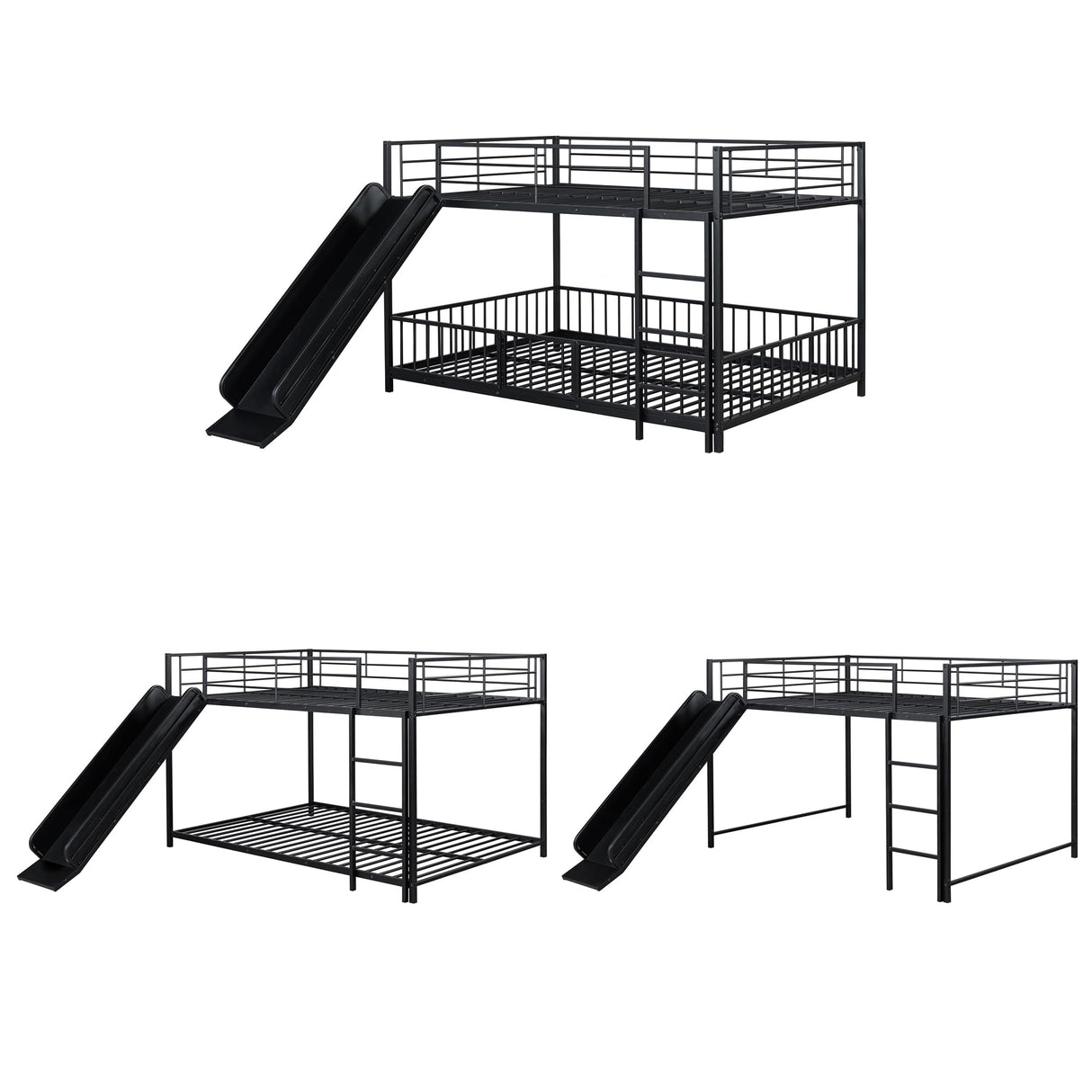 Bellemave Full Over Full Bunk Bed with Slide and Ladder, Metal Bunk Bed for Kids, Girls, Boys, Removable Fence, Low Bunk Bed with Slide, with Door, Black Bellemave