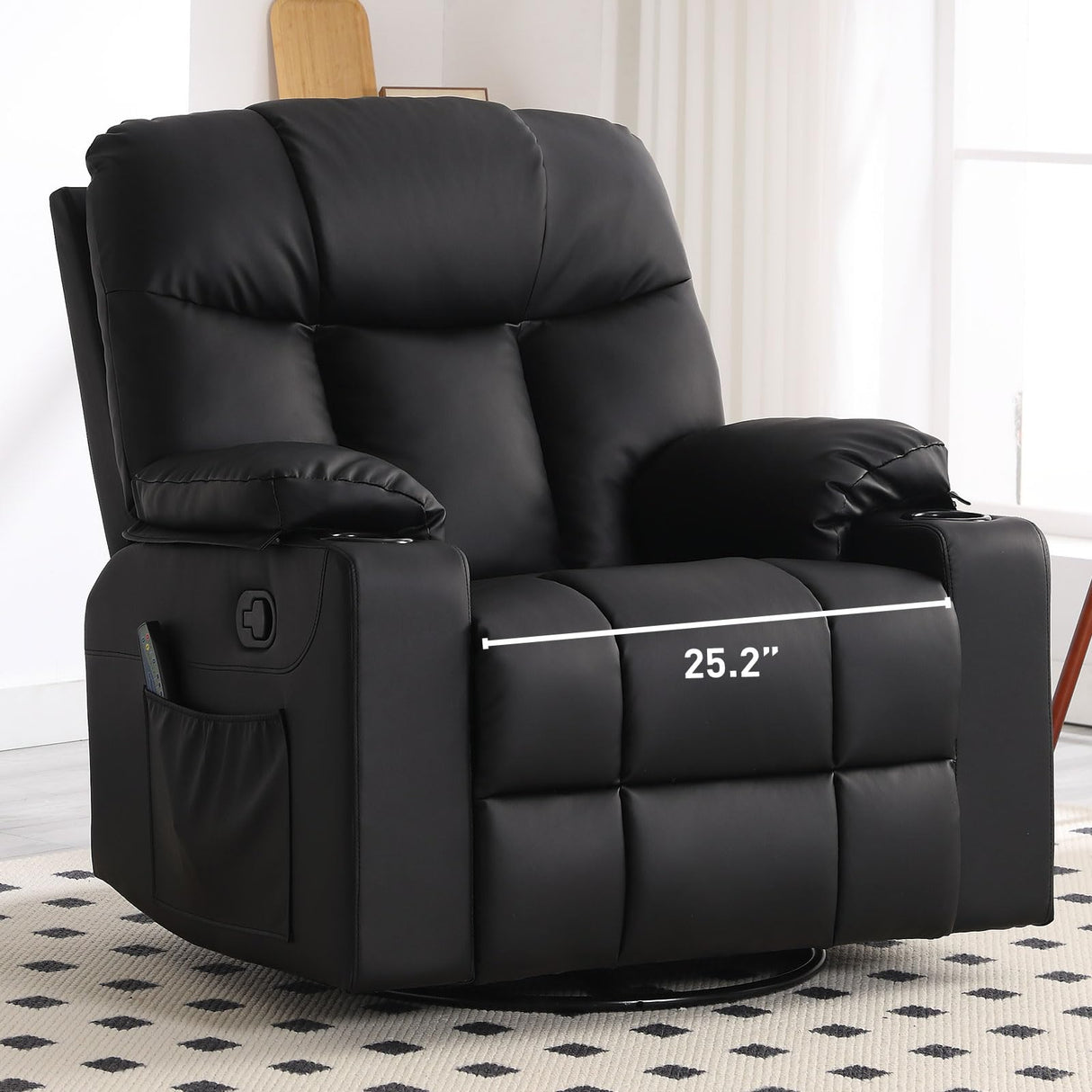 Bonzy Home Oversized Swivel Rocker Recliner, 40" Rocking Recliner Chair with Heated and Massage, PU Leather Single Sofa with Swivel Function, 2 Cup Holders for Living Room Bedroom, Black Bonzy Home
