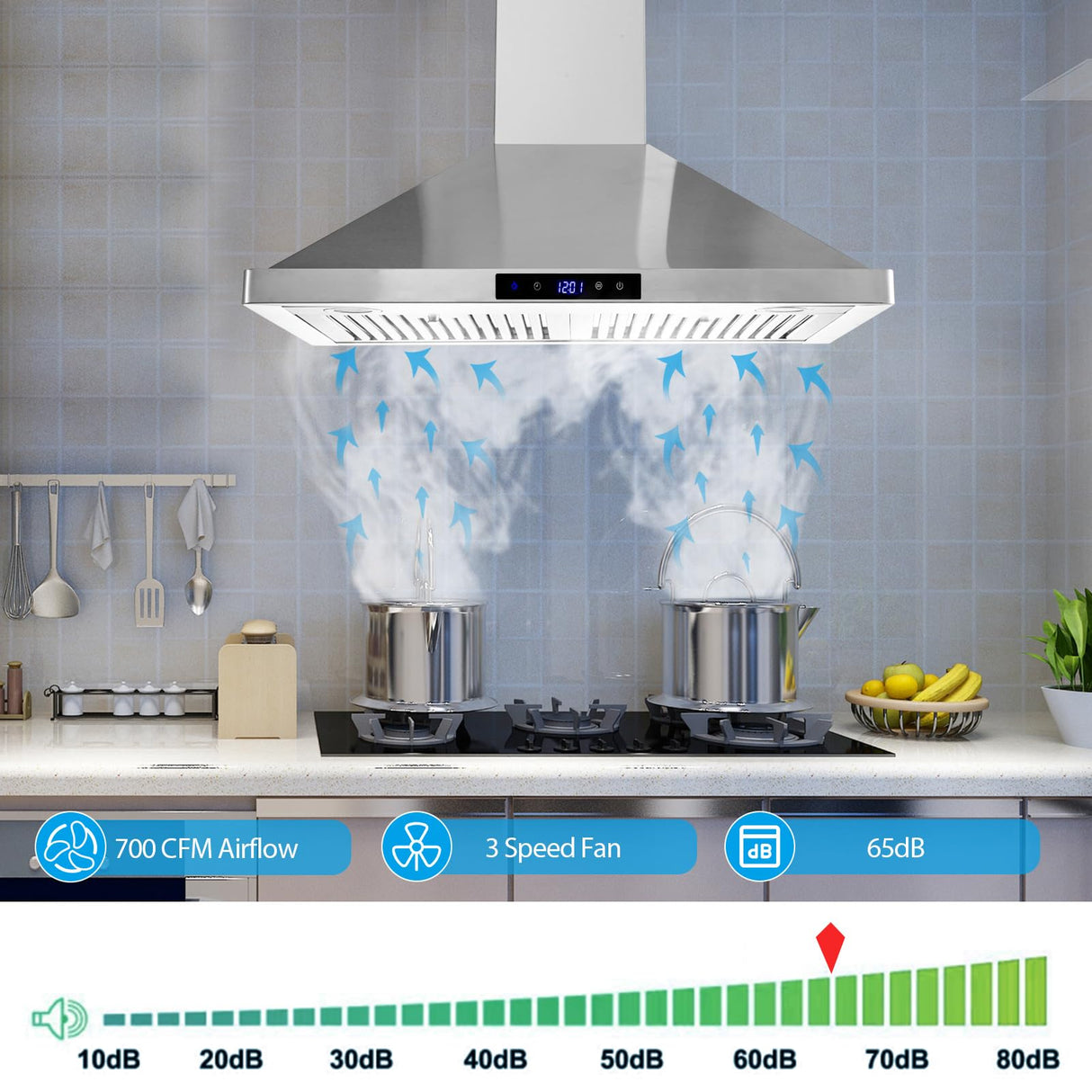 Tieasy Wall Mount Range Hood 30 inch Kitchen Hood 700 CFM with Ducted/Ductless Convertible Duct, Touch Control, Permanent Filters, Stainless Steel, 3 Speed Exhaust Fan, LED Light Tieasy