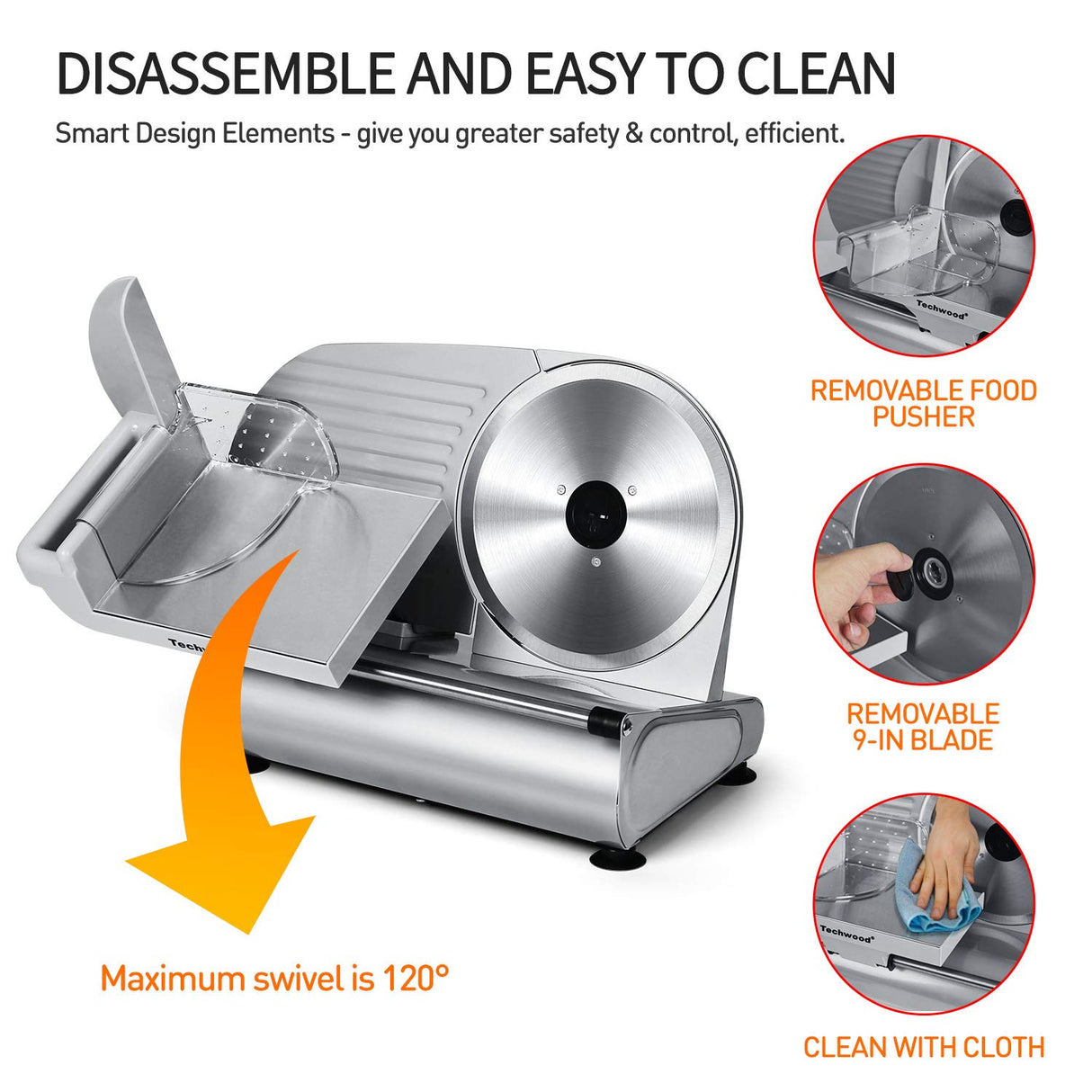 Meat Slicer, Techwood Electric Deil Food Slicer with Removable 9” Stainless Steel Blade, Deli Cheese Fruit Vegetable Bread Cutter with Adjustable Knob for Thickness, Food Carriage & Non-Slip Feet Techwood