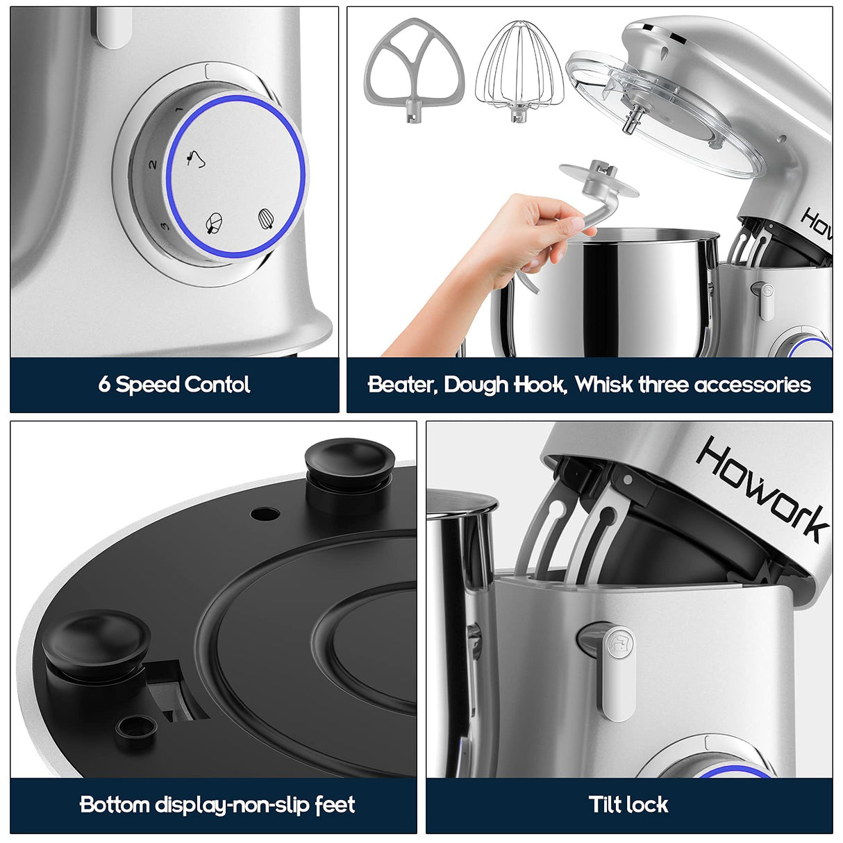 HOWORK 8.5QT Stand Mixer, 660W 6+P Speed Tilt-Head, Electric Kitchen Mixer With Dishwasher-Safe Dough Hook, Beater, Wire Whip & Pouring Shield(8.5 QT, Silver) HOWORK