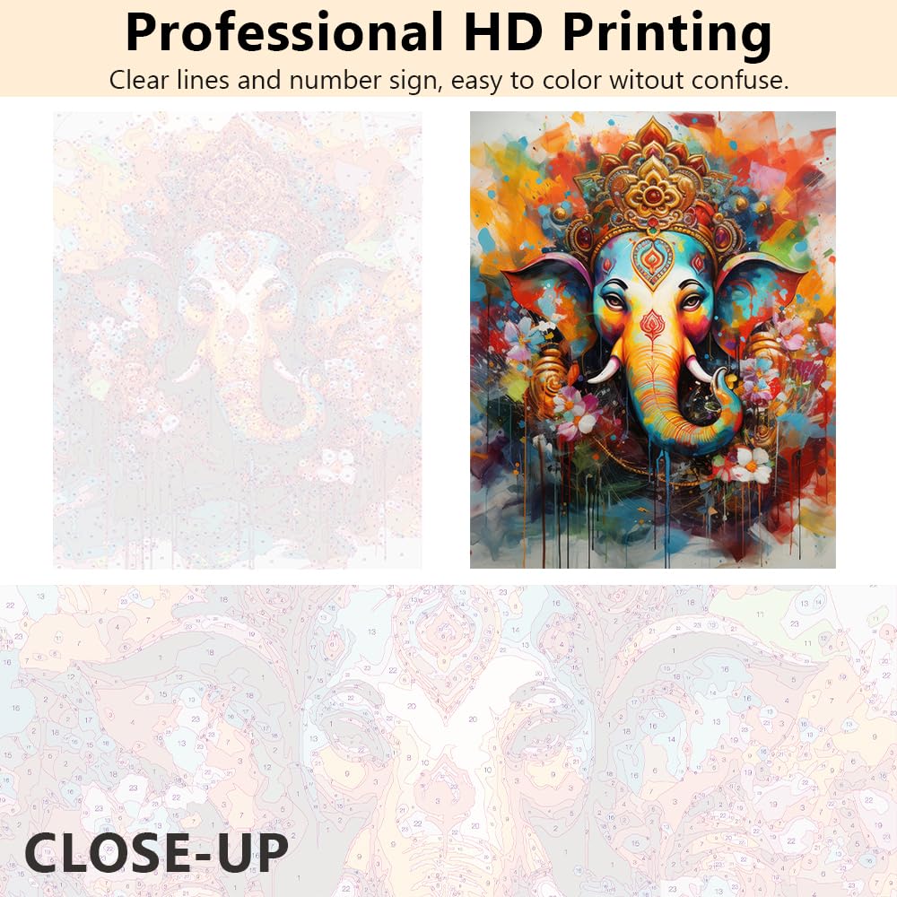 Rebotipy Adults' Paint-by-Number Kits - Elephants & Ganesha Themed, 16x20 Inch Rebotipy