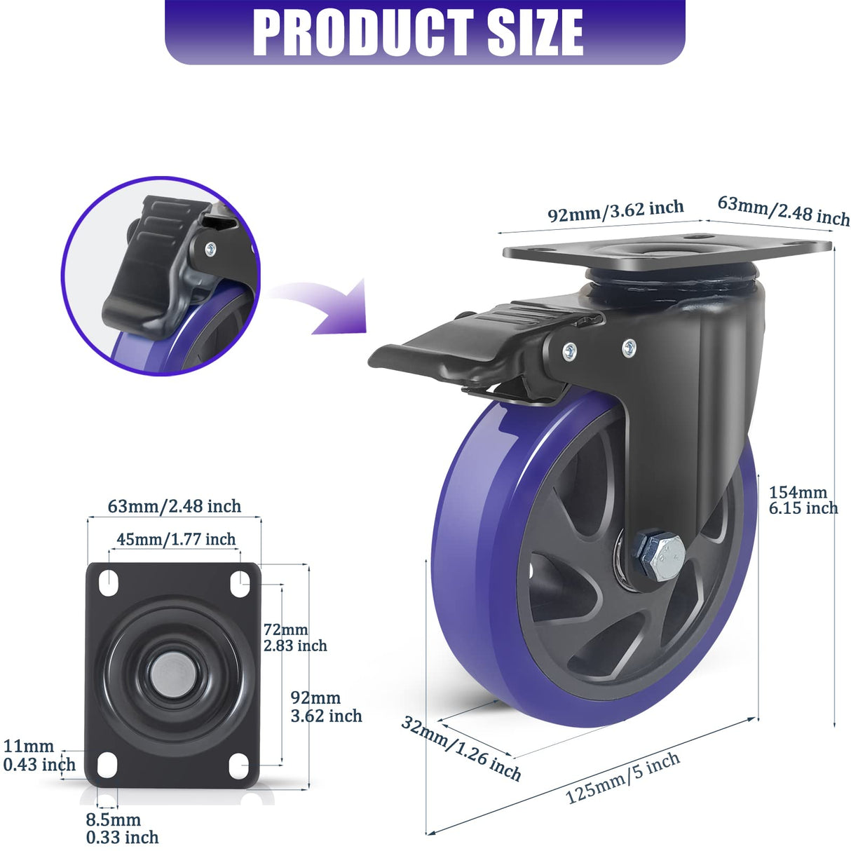 5 Inch Caster Wheels with Brake, Heavy Duty Casters Set of 4 2200lbs, Swivel Casters with Double Ball Bearings, Dual Locking Casters,Wheels for Cart,Furniture,Cabinets,Workbench (Two Hardware Kits Wieyunn