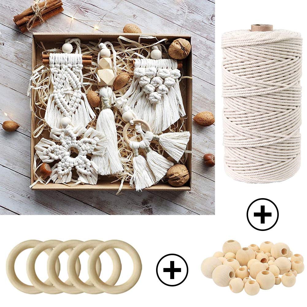 ZXCDINO 119pcs Macrame Kits for Starter 3mm x 109Yards Natural Cotton Macrame Cord with 100pcs Wooden Beads,10pcs Wooden Rings,Wooden Sticks,Metal Rings,S Hooks Macrame Supplies for Plant Hangers ZXCDINO