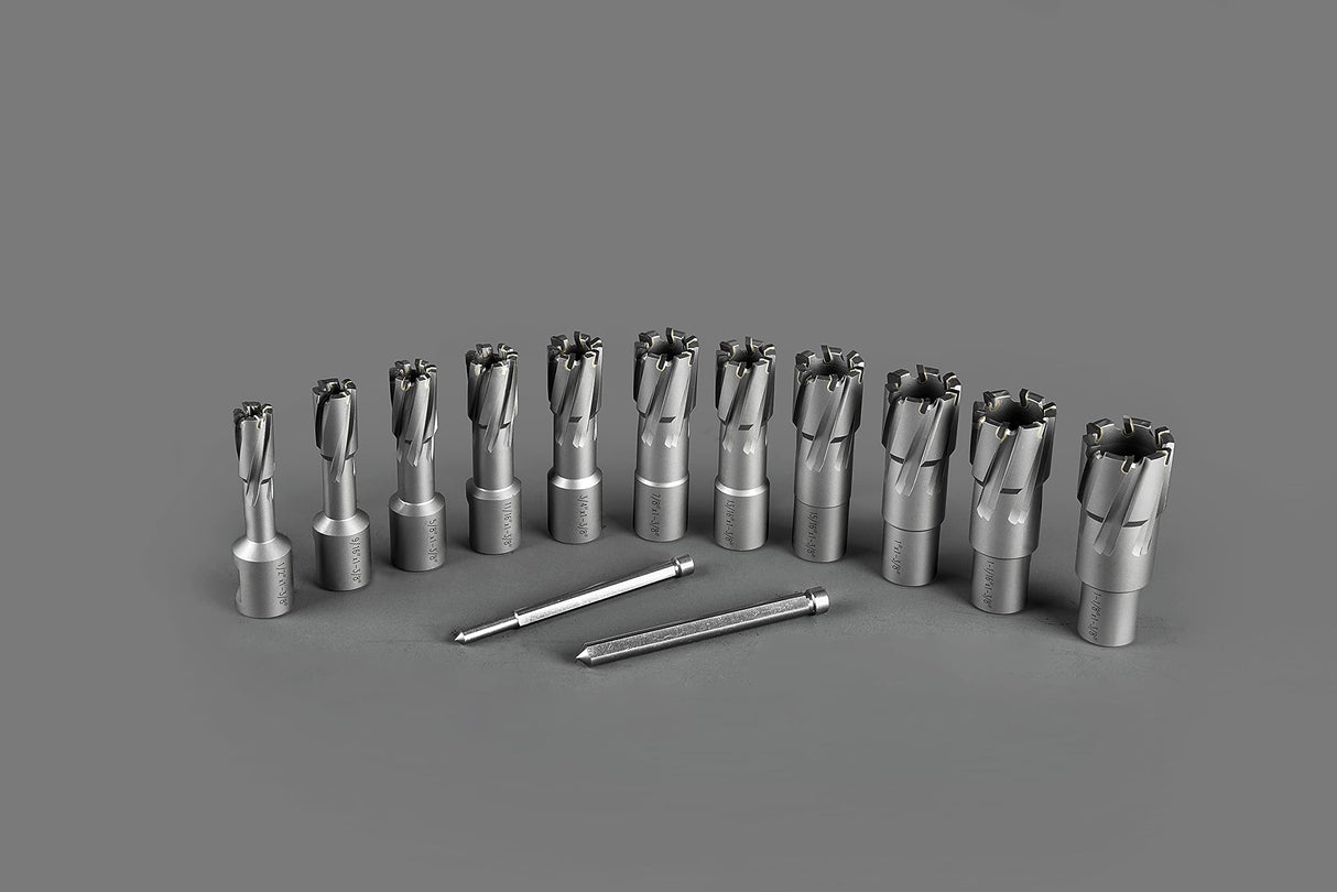 Annular Cutter Set Carbide TCT 13 pcs JESTUOUS 3/4 Inch Weldon Shank 1-3/8 Cutting Depth and Cutting Diameter from 1/2 to 1-1/8 Two Flat Bit for Drill Press with 2 Pilot Pins JESTUOUS