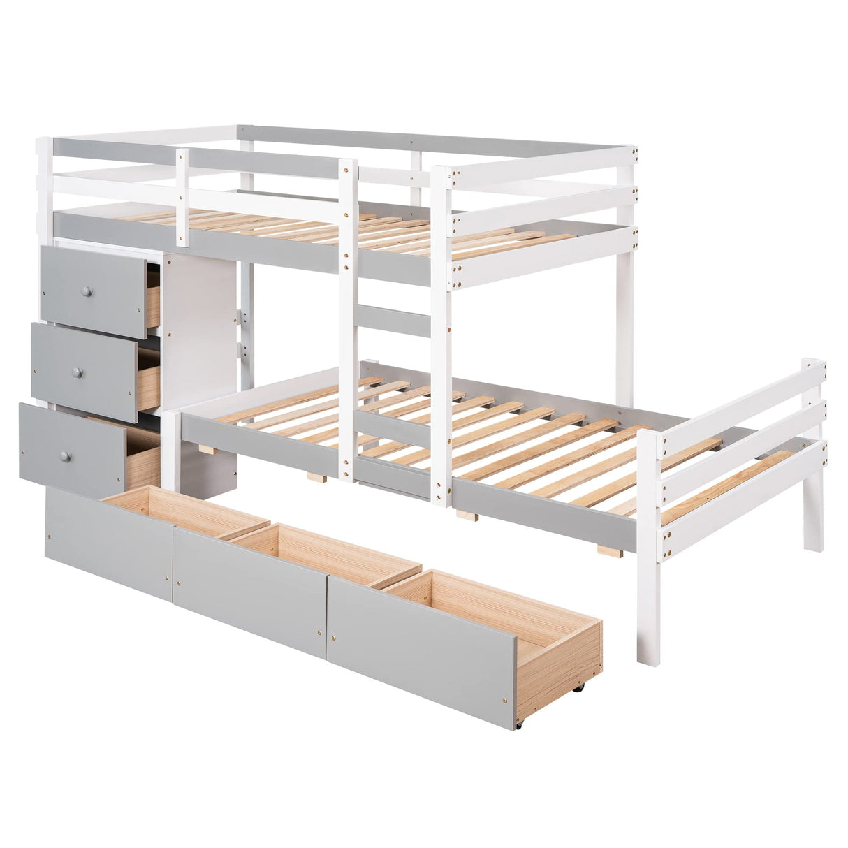 Bunk Bed Twin Over Twin with 6 Storage Drawers, Solid Wood Bunk Beds with Guardrails and Ladders for Kids Boys Girls Teens, No Box Spring Needed (Twin Over Twin Bunk Beds, Gray) Harper & Bright Designs