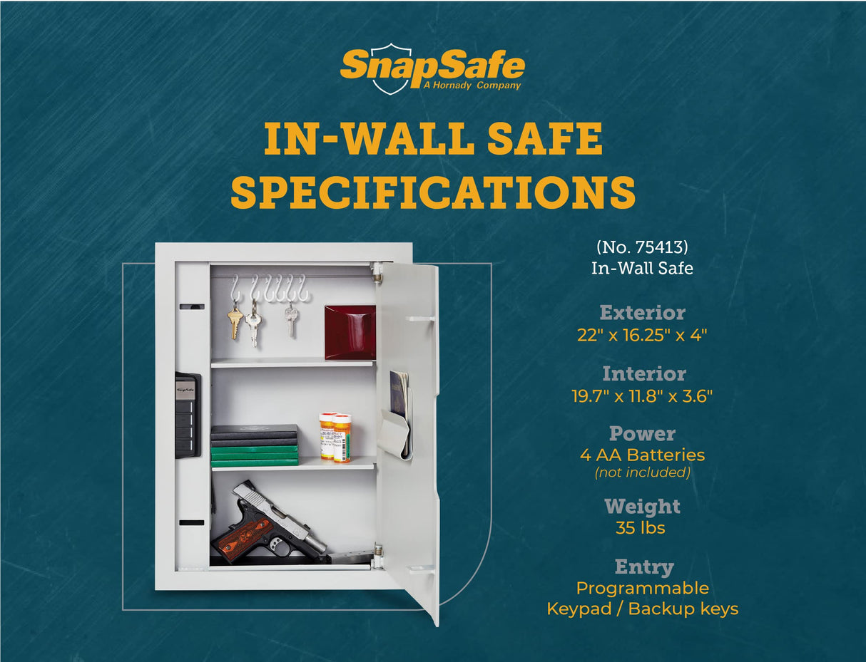 SnapSafe In Wall Gun Safe and Money Safe, Light Grey, 75413 - Hidden Safe Provides Security for your Firearms & Valuables, Keypad Entry - Fits Between 2 Wall Studs, Flush Mount, Ideal for Home, Office SnapSafe