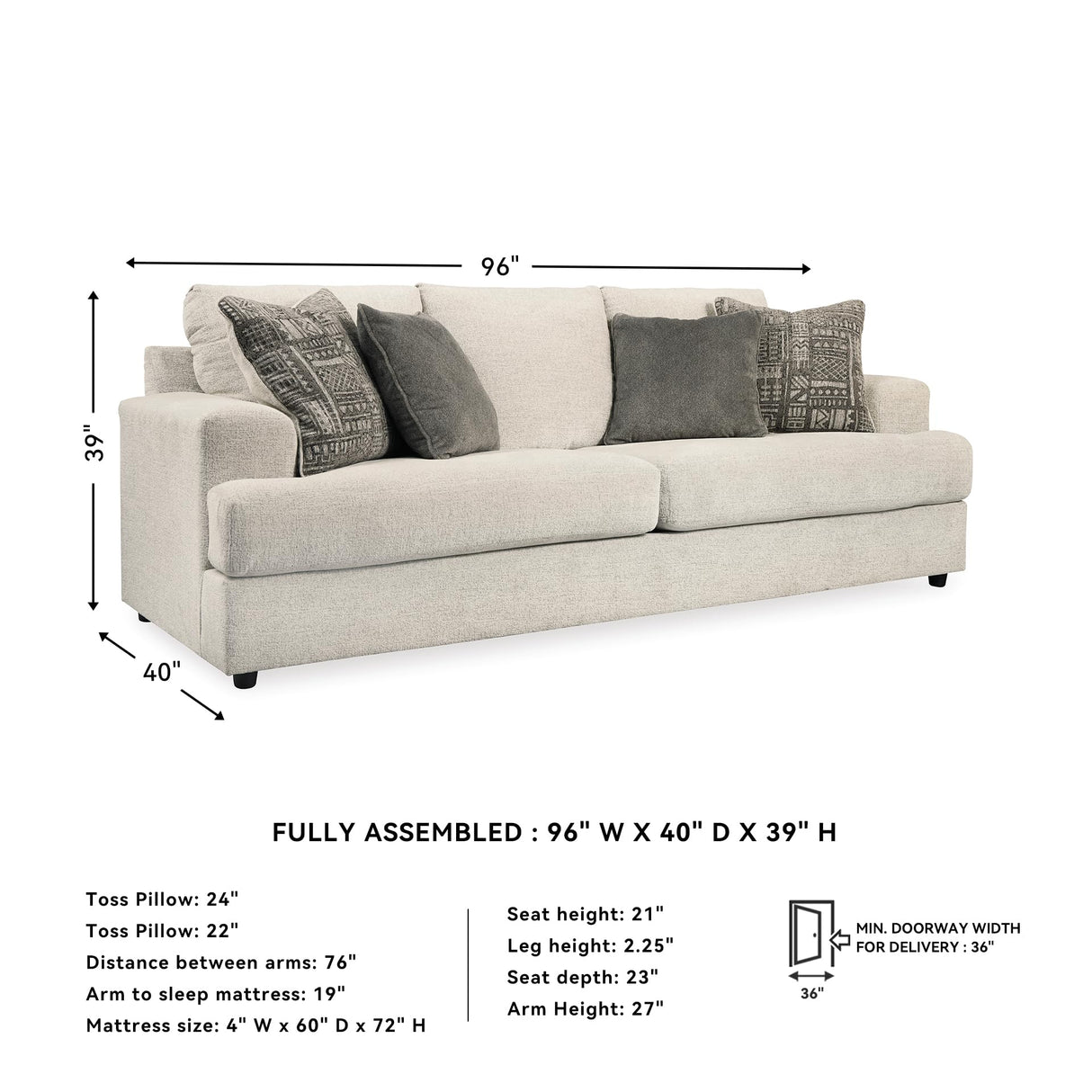 Signature Design by Ashley Soletren Contemporary Chenille Queen Sofa Sleeper with 4 Accent Pillows, Off-White Signature Design by Ashley