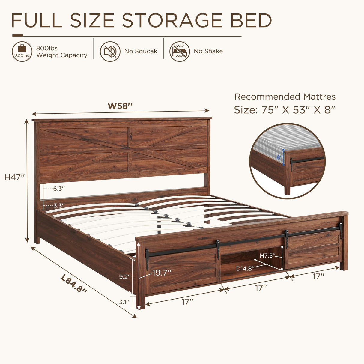 JXQTLINGMU Farmhouse Wood Bed Frame Full Size with Sliding Barn Door Storage Cabinets and Headboard, Solid Wood Slats Support, Noiseless, No Box Spring Needed, Brown JXQTLINGMU