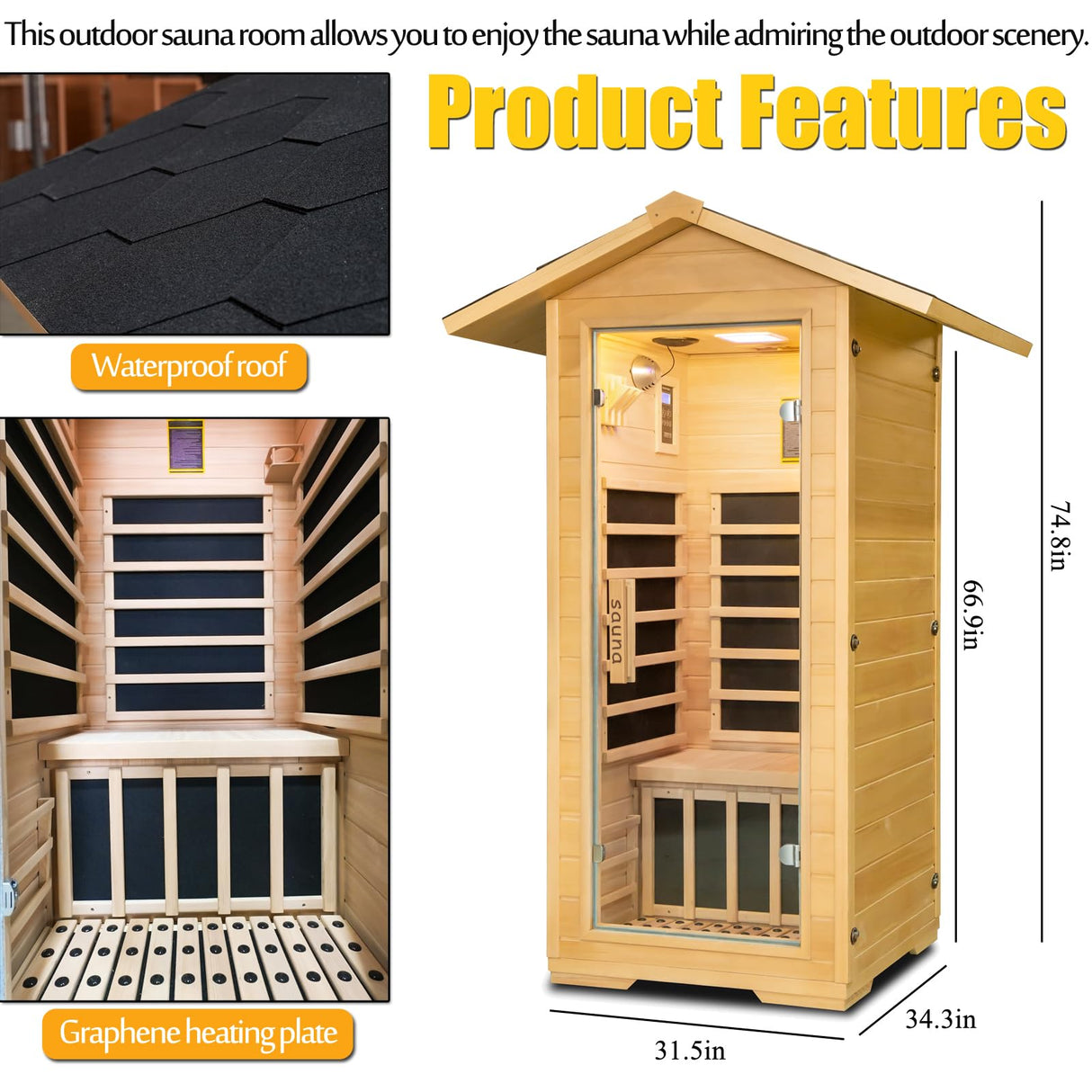 Outdoor Far Infrared Sauna, 1 Person Low EMF Indoor Home Sauna Canadian Hemlock Wood Dry Sauna 1400W/110V Homsido
