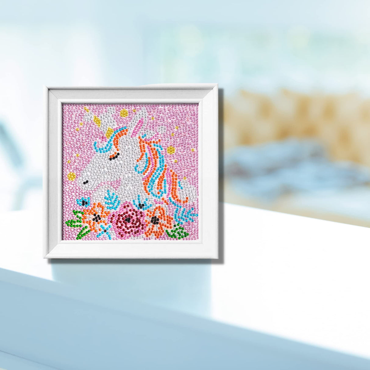 Cute Diamond Painting Kits Large 7x7 Natural Wooden Frame, Pre-Mounted Canvas, Sparkling Crystal Gems, Pen, Arts & Crafts Tray, Gum. Famous Characters, Unicorn USACRAFT