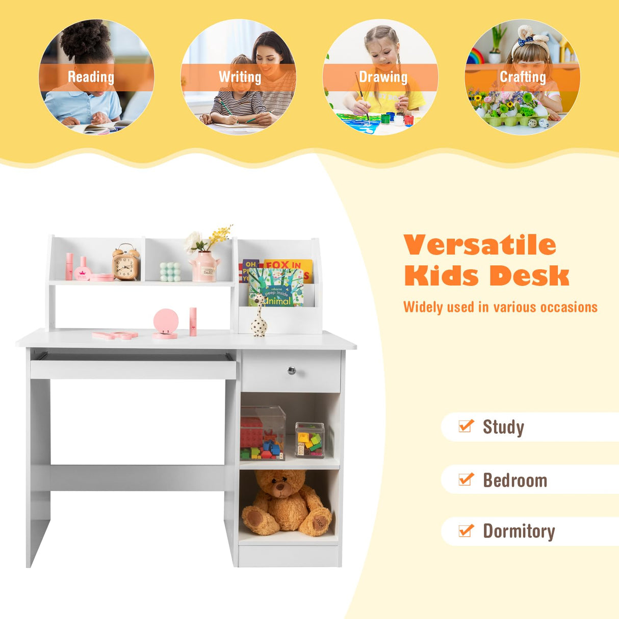 Costzon Kids Study Desk with Hutch and Storage - White Wooden Workstation for Children Costzon