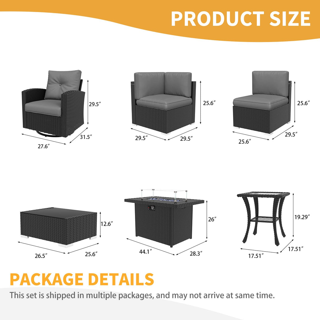 LayinSun 15 Pieces Patio Furniture Set with Fire Pit Table, Black Rattan Modular Sectional Outdoor Conversation Sofa Set, Swivel Rocking Chairs Set LayinSun