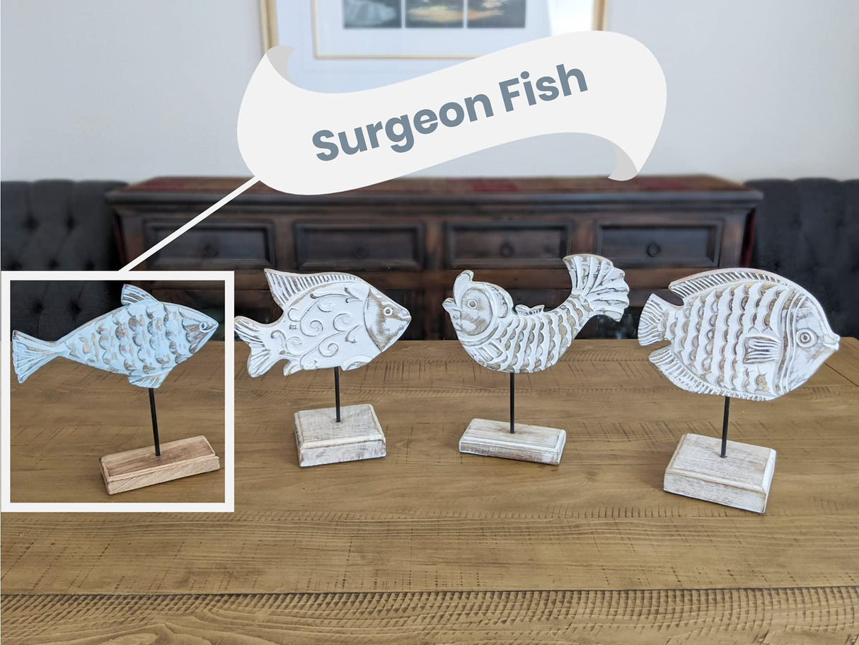 Wooden Fish Sculpture Home Decor | Surgeon Fish Statue on Base Stand | Coastal Beach House Decor Art Piece | Rustic Centerpiece Table Decor for Office, Living Room (Surgeon Fish) Farmhouse World