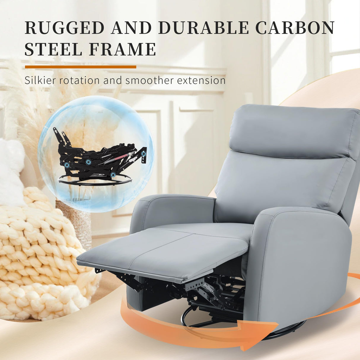 CHSICFOR Manual Swivel Recliner Chair,Nursery Reclining Sofa Chair with Lumbar Support, Adult Soft Padded Faux Leather Glider Recliner with 360° Free Rotation,Removable Phone Holder,Blue Gray CHSICFOR