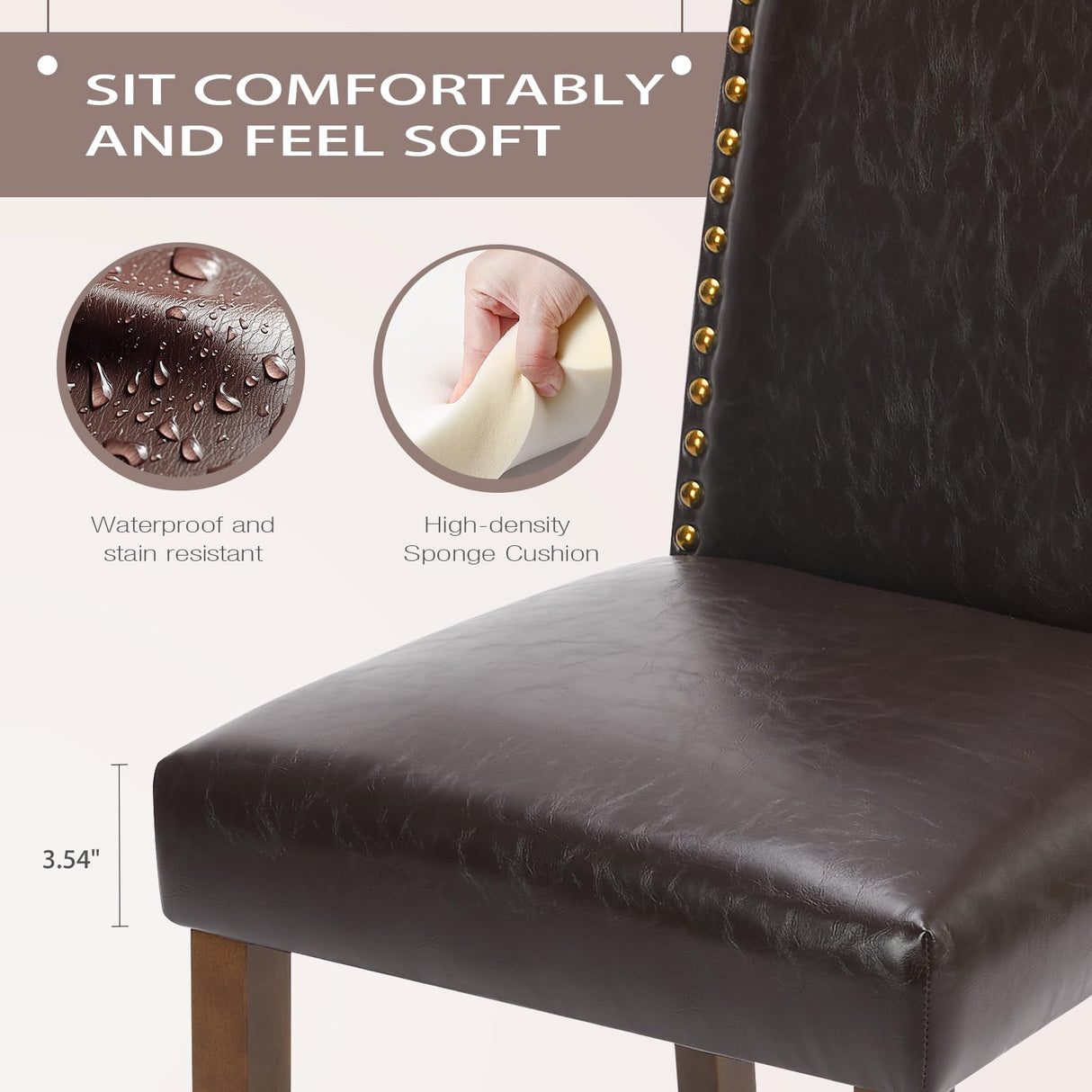 DUMOS Upholstered Dining Chairs Set of 6, Modern Upholstered Leather Dining Room Chair with Nailhead Trim and Wood Legs, Mid-Century Accent Dinner Chair for Living Room, Kitchen, Dark Brown DUMOS