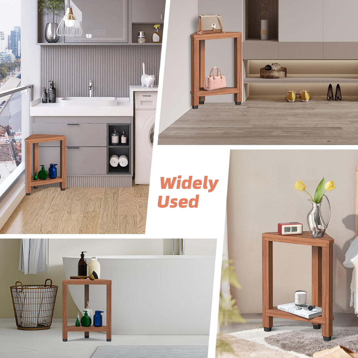 Corner Shower Stool for Shaving Legs, Teak Corner Shower Bench Stools for Inside Shower,Bathroom Shower Bench Seat Shower Foot Rest with Storage Shelf for Small Shower Spaces Samplife