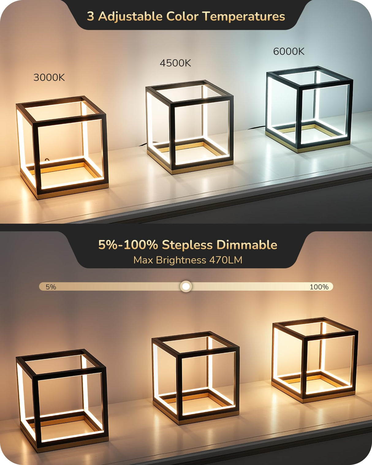 EDISHINE Modern LED Table Lamp, Minimalist Bedside Lamp with Solid Wood Base, 3 Way Dimmable, 3000K/4500K/6000K, 470LM, Black Gold Square Geometric Nightstand Lamp for Living Room, Bedroom, Office EDISHINE