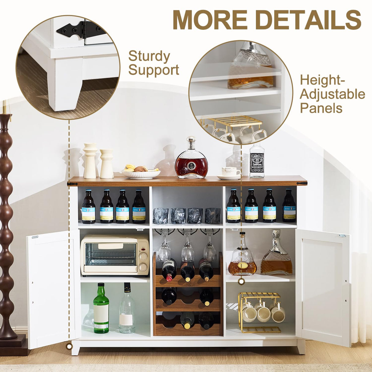 EROMMY Farmhouse Wine Bar Cabinet, 51" Sideboard Buffet Cabinet with Detachable Wine Rack and 3 Open Storage Compartments, Rustic Liquor Cabinet for Dining, Living Room, Kitchen, White EROMMY