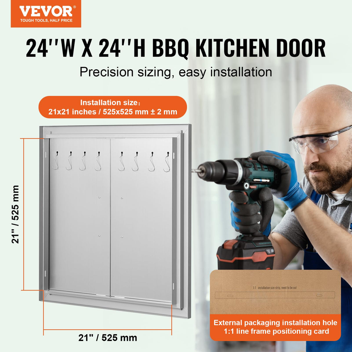 VEVOR BBQ Access Door, 24W x 24H Inch Double Outdoor Kitchen Door, Stainless Steel Flush Mount Door, Double Wall Vertical Door with Handles and Hooks, for BBQ Island, Grilling Station, Outside Cabinet VEVOR