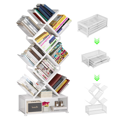 Gintan 9-Tier Corner Bookshelf with Storage,Bedroom Shelves Folding Bookshelves,No Installation Required Shelf Tree Bookcase for Living Room,Study,Home Office,Bed Room (White)