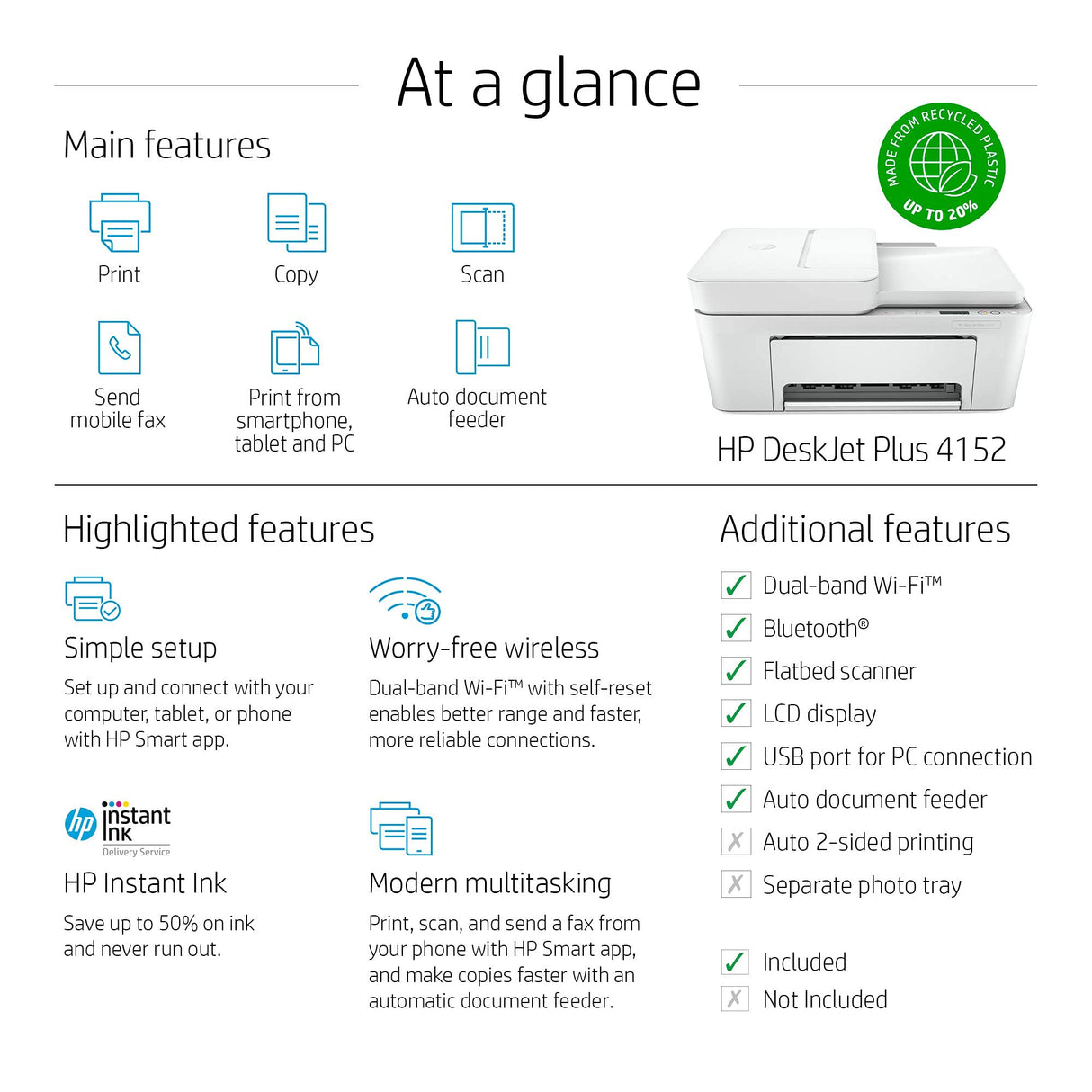 HP DeskJet Plus 4152 All-in-One Color Inkjet Printer, Mobile Print, Scanner & Copy, Instant Ink Ready, Wireless Printers for Home and Office, Built-in USB Port and WiFi, 7FS74A (Renewed) HP