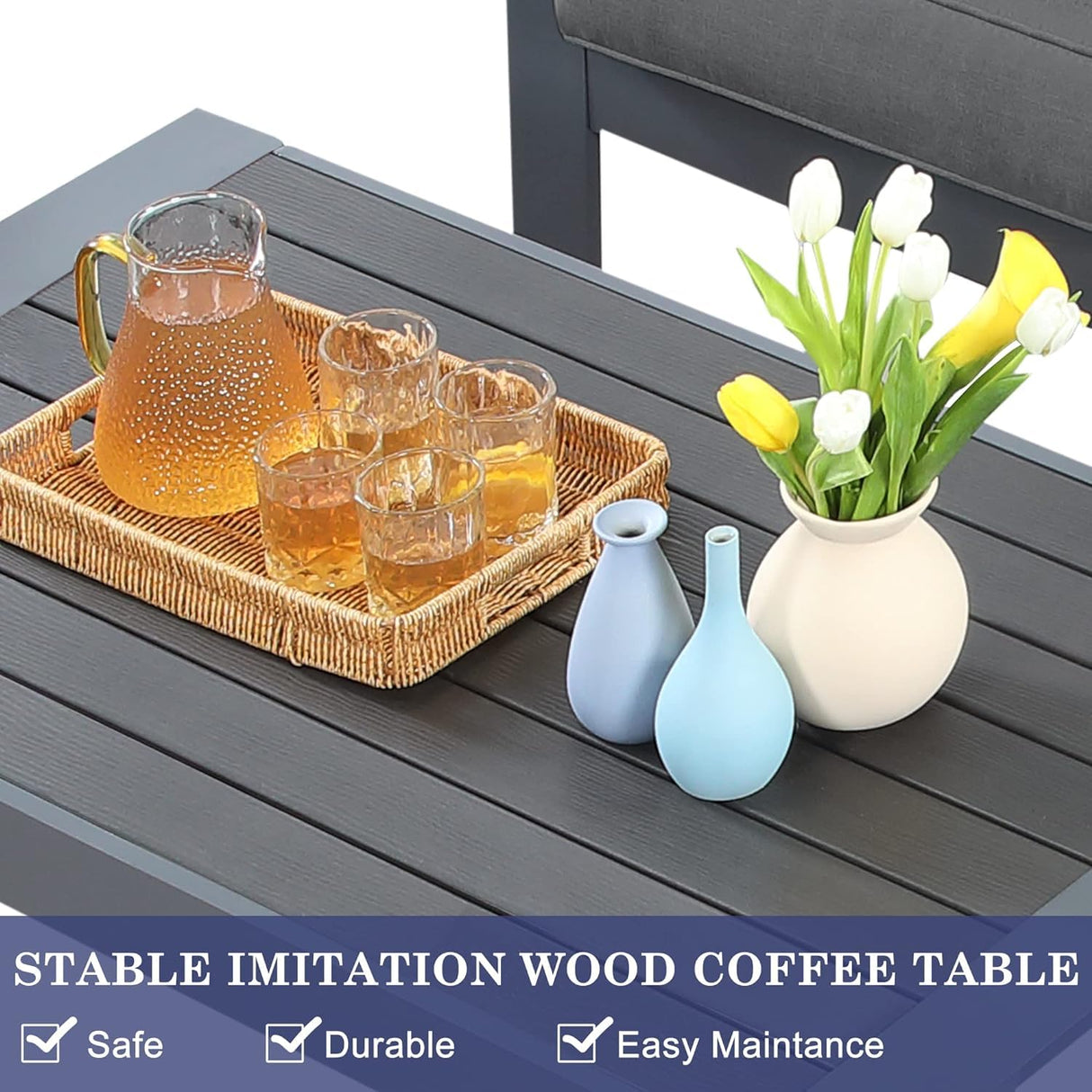 Wisteria Lane Outdoor Patio Furniture Set, 4 Pieces Aluminum Sectional Sofa, Metal Patio Conversation Set with Loveseat, 5 Inch Grey Cushion and Coffee Table (Dark Grey & Grey) Wisteria Lane