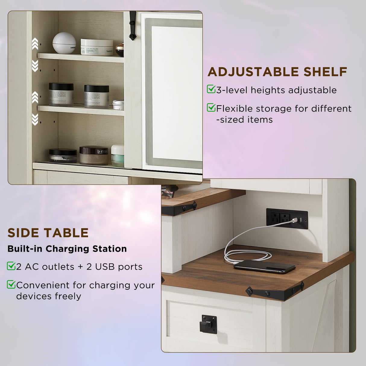 T4TREAM 48'' Farmhouse Makeup Vanity Desk with Sliding HD Mirror and Lights, Big Modern Lighted Vanity Table with 7 Drawers & Shelves, Rustic Large Dressing Table, Antique White T4TREAM