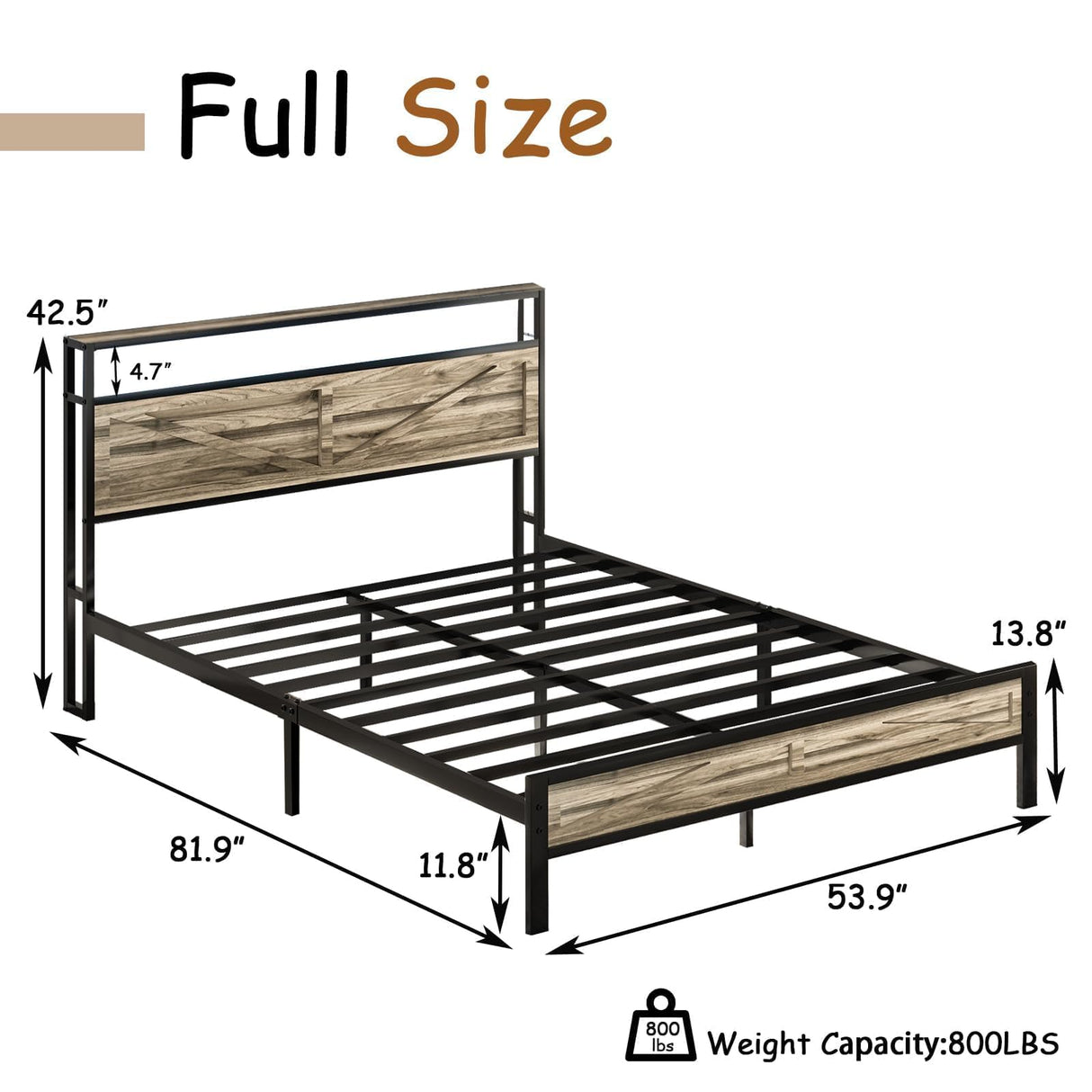Full Size Bed Frame, Full Bed Frames with LED Lights and Charging Station, Farmhouse Platform Bed with Storage Headboard, Rustic Barn Door Design, Noise Free, No Box Spring Needed, Wash Grey CHABUILDREARK