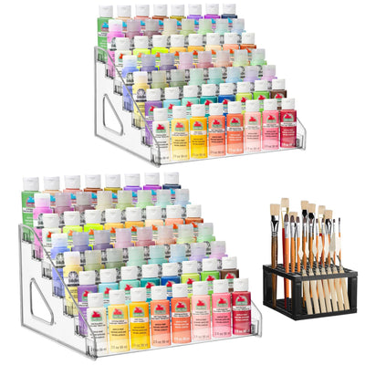YEXEXINM 2 Pcs Clear Paint Organizer With Paint Brush Holder,7 Layers Acrylic Paint Organizer,Paint Storage Rack,Craft Paint Organizer Rack,Miniature Paint Holder for Paint Storage