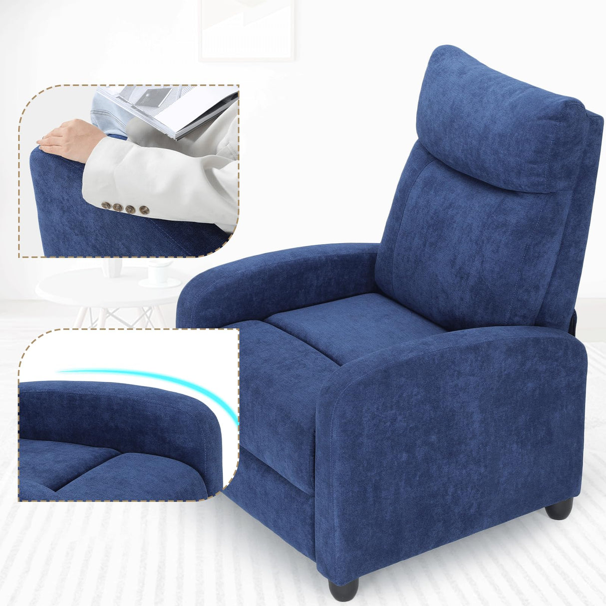 Athena Collection Recliner Chair, Reclining Lounge Chair with Adjustable Backrest and Footrest for Adults, Linen Upholstered Small Recliner Single Sofa for Small Space, Living Room, Bedroom, Blue Athena Collection