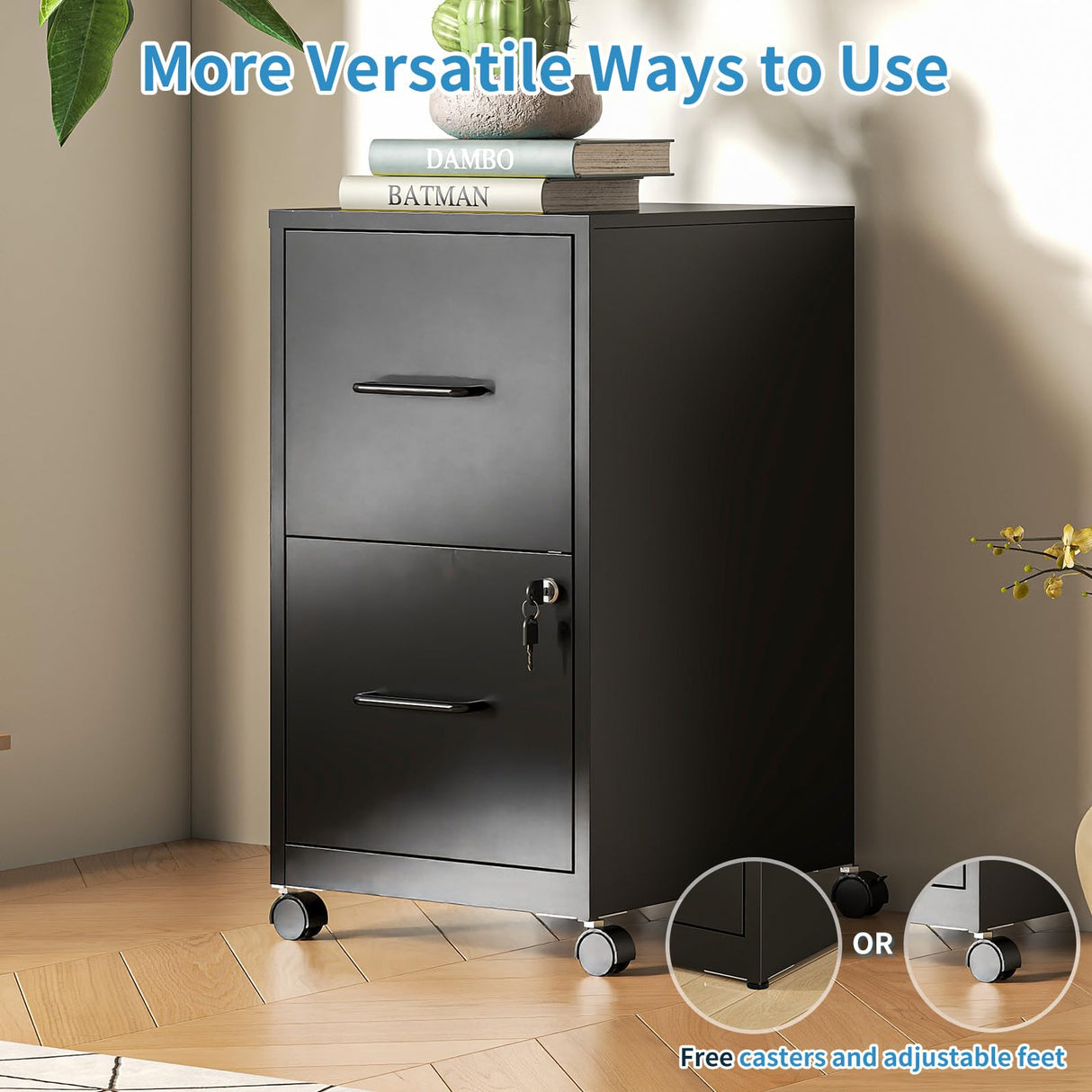 FLIXELIO 2 Drawer File Cabinet with Lock,Small Rolling Metal Office Storage Mobile Filing Cabinet Under Desk,Vertical Locking File Cabinets with Wheels for Home Office,Legal Required Assembly,Black FLIXELIO