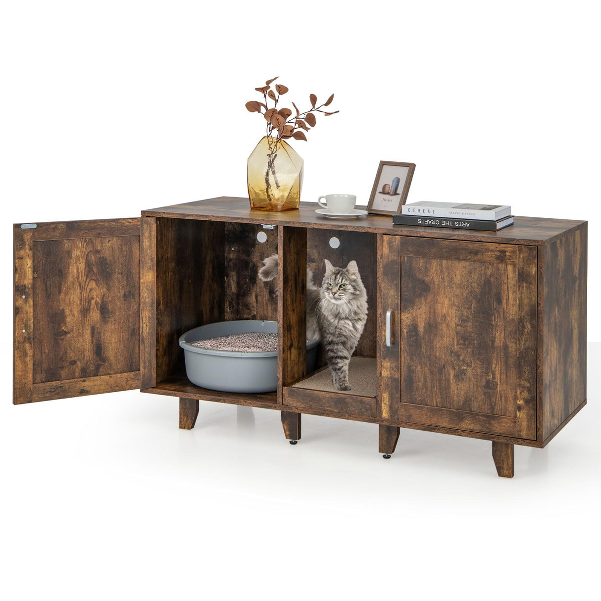 Tangkula Double Cat Litter Box Enclosure for 2 Cats, Large Stackable Hidden Privacy Cat Washroom Cabinet with Scratching Board, Indoor Cat House TV Stand, Litter Box Furniture (Rustic Brown) Tangkula