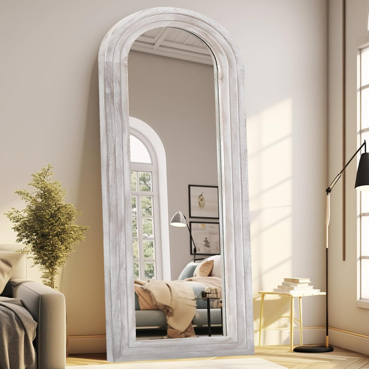 ZHUNFA Arched Full Length Mirror with Solid Wood Frame, 65x22 Farmhouse Wall Mirror Full Length with Stand, Vertical Hanging, Leaning Standing for Bedroom, Living Room, Rustic White ZHUNFA