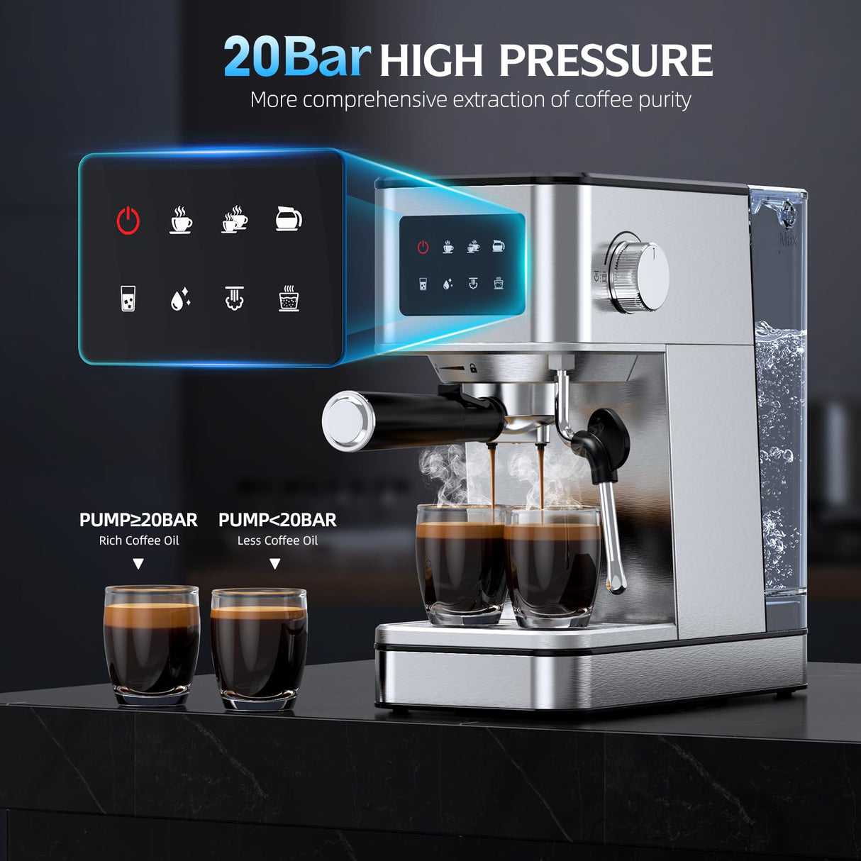 QJA Espresso Machine, 20 Bar Professional Espresso Maker, Milk Frother Steam Wand for Latte, Compact Stainless Steel Machine with 57.5oz Removable Water Tank and LED Touchscreen Monitors QJA