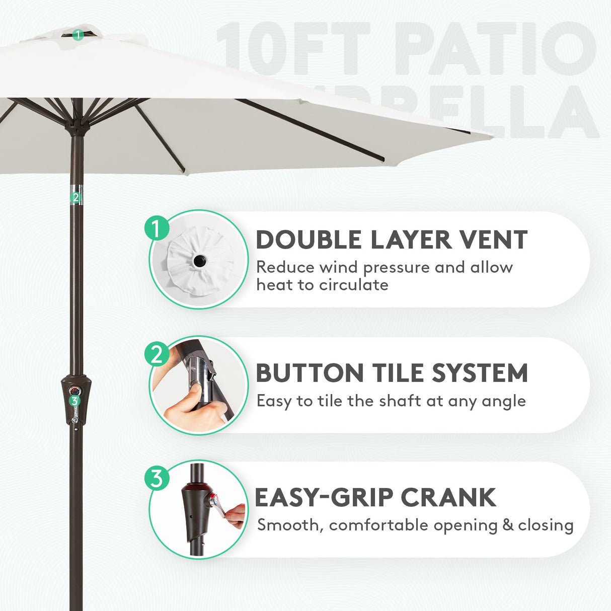 JEAREY 10FT Outdoor Patio Umbrella Outdoor Table Umbrella with Push Button Tilt and Crank, Market Umbrella 8 Sturdy Ribs UV Protection Waterproof for Pool, Garden (Creamy-white) JEAREY